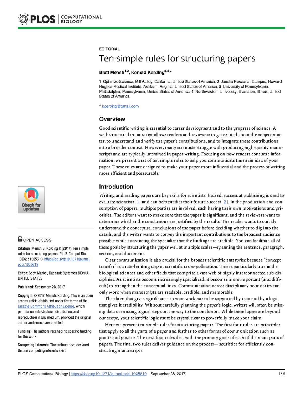 Anatomy of a paper - Revision Booklet - EDITORIAL Ten simple rules for ...