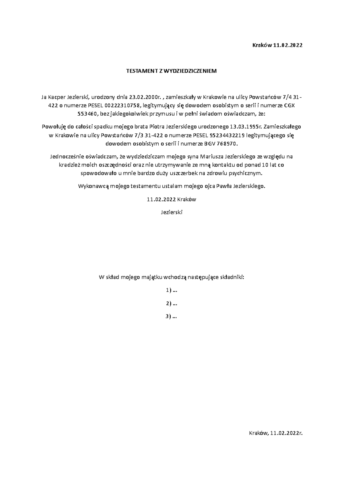 Gotowce na Cywila Kraków 11. TESTAMENT Z WYDZIEDZICZENIEM Ja Kacper