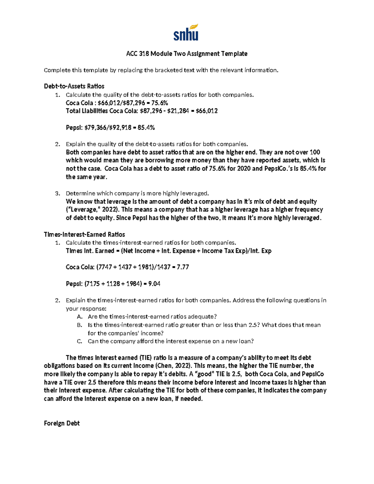 ACC 318 Mod 2 - Ratios - ACC 318 Module Two Assignment Template ...