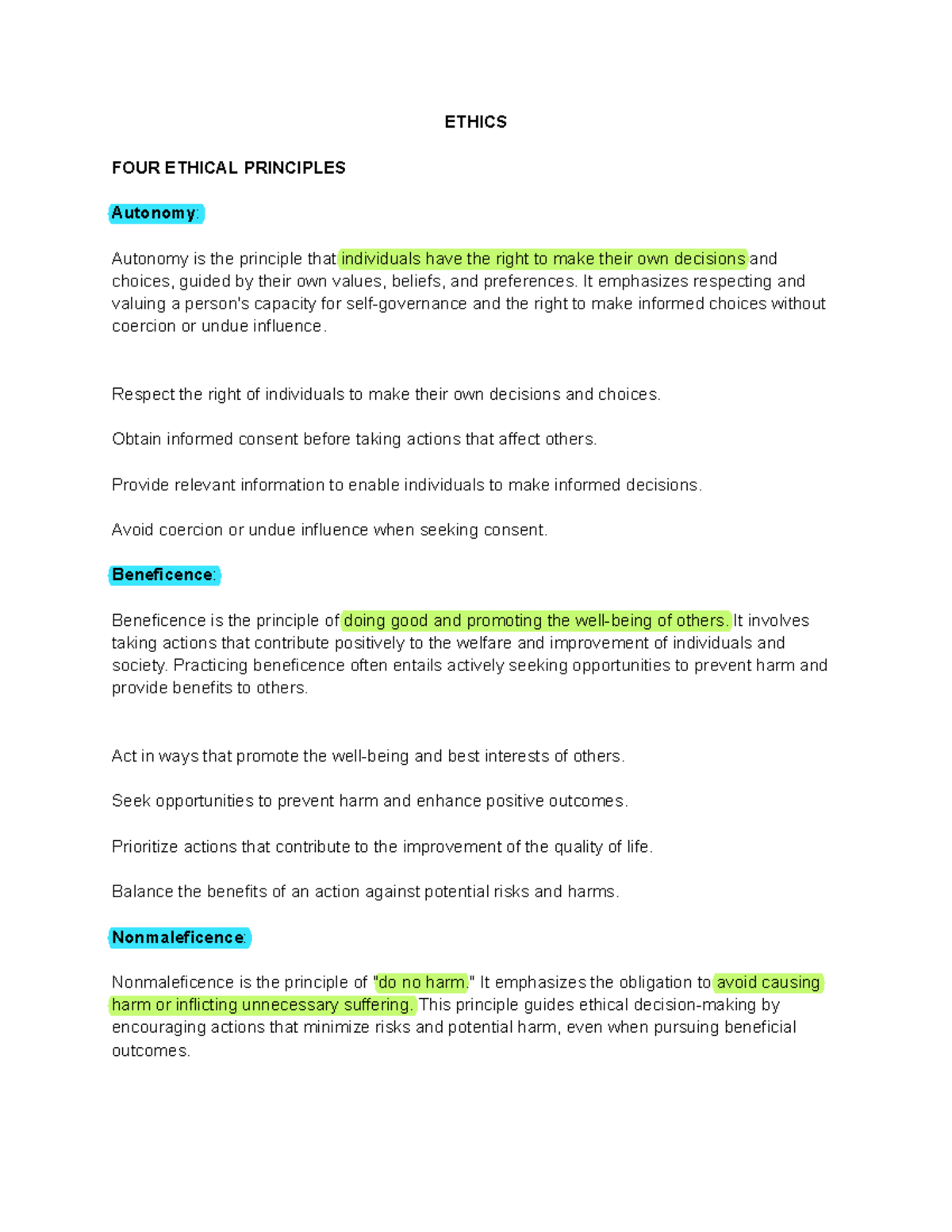 Ethics- Finals - beneficence, non maleficence, justice, - ETHICS FOUR ...