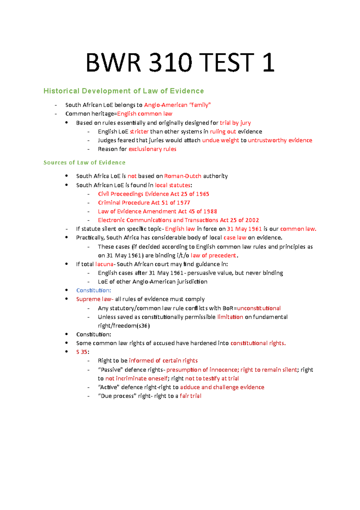 BWR 310 1-4 - Summaries - BWR 310 TEST 1 Historical Development of Law ...