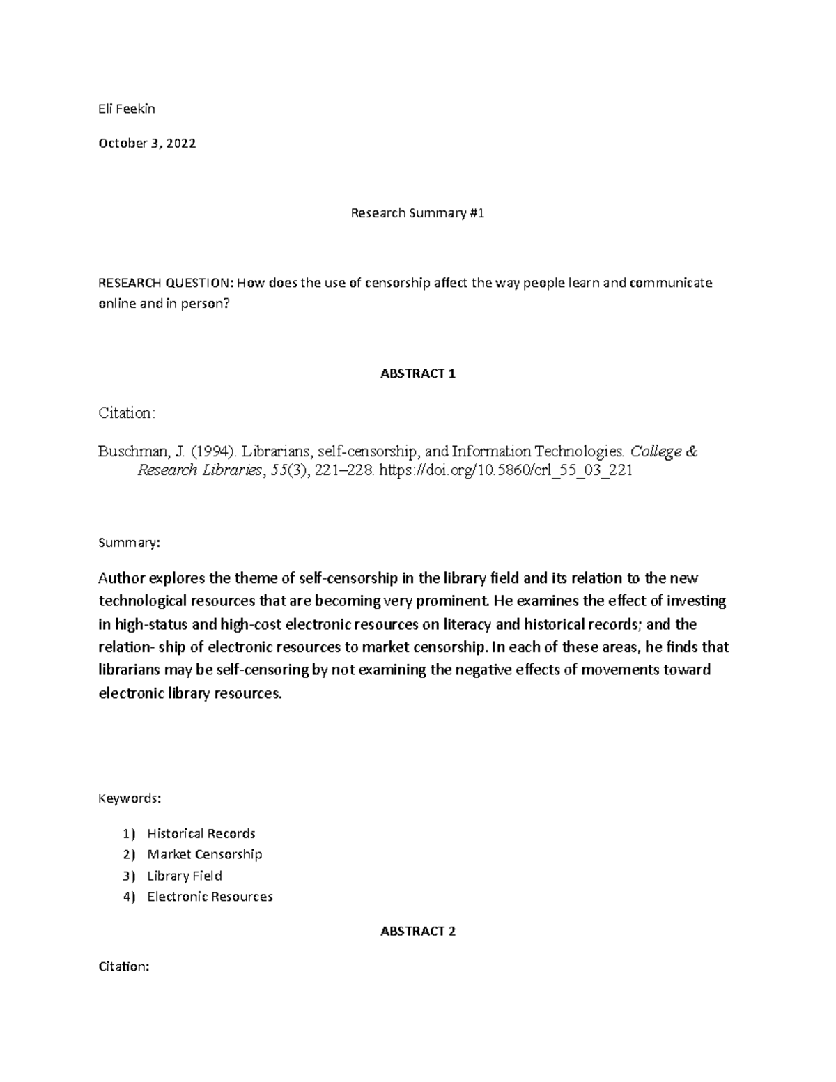 Research Summary Template - Eli Feekin October 3, 2022 Research Summary ...