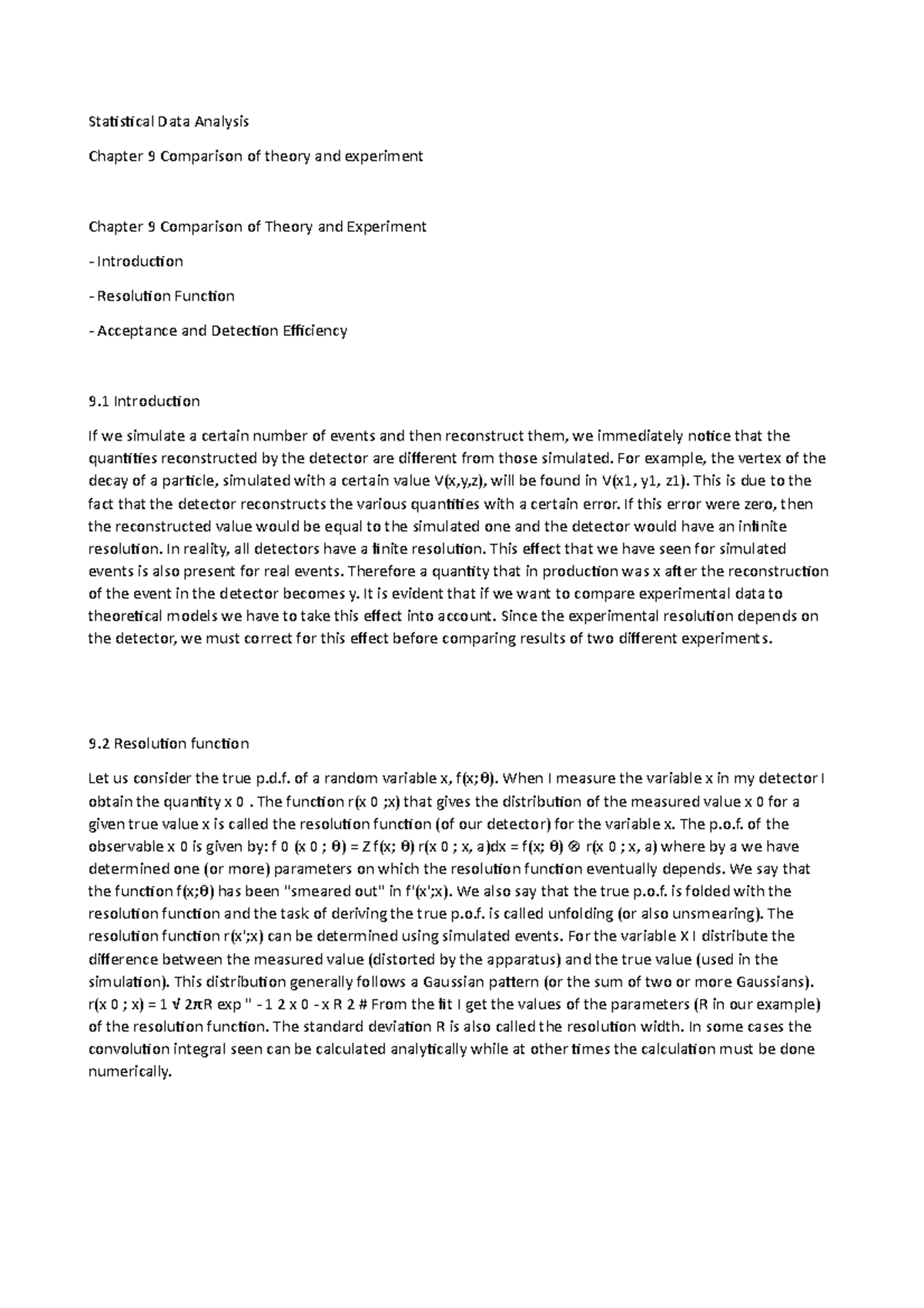Statistical Data Analysis - Chapter 9 Comparison of theory and ...