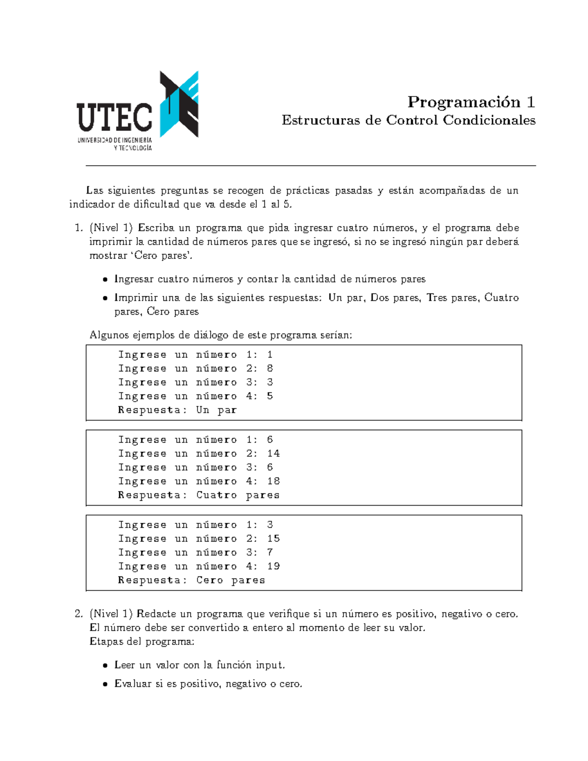 MATEMATICA I - PRACTICAS - Programaci ́on 1 Estructuras De Control ...