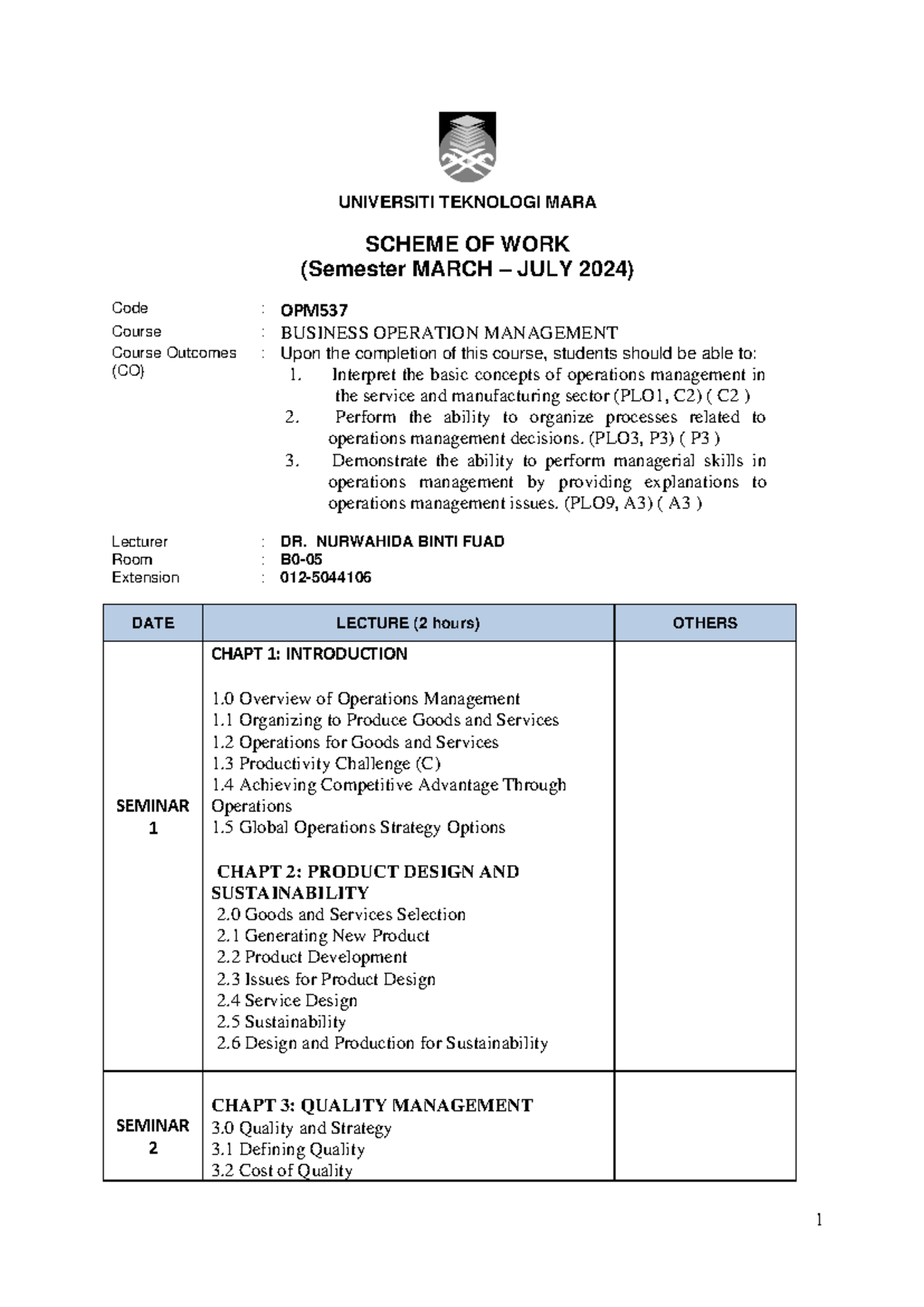 SCHEME OF WORK OPERATION MANAGEMENT 537 - 1 UNIVERSITI TEKNOLOGI MARA ...