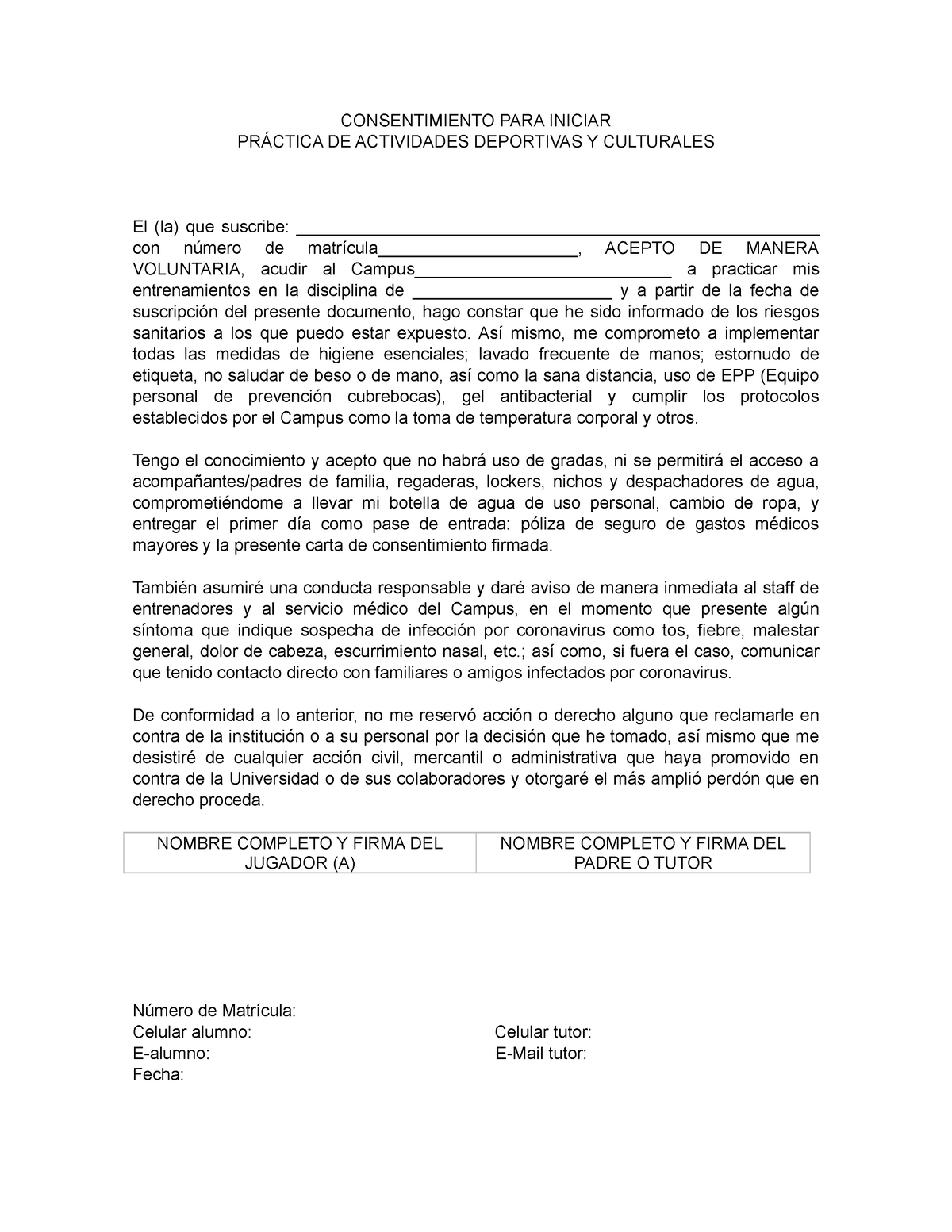 Carta Consentimiento Alumnos Consentimiento Para Iniciar PrÁctica De Actividades Deportivas Y 8397