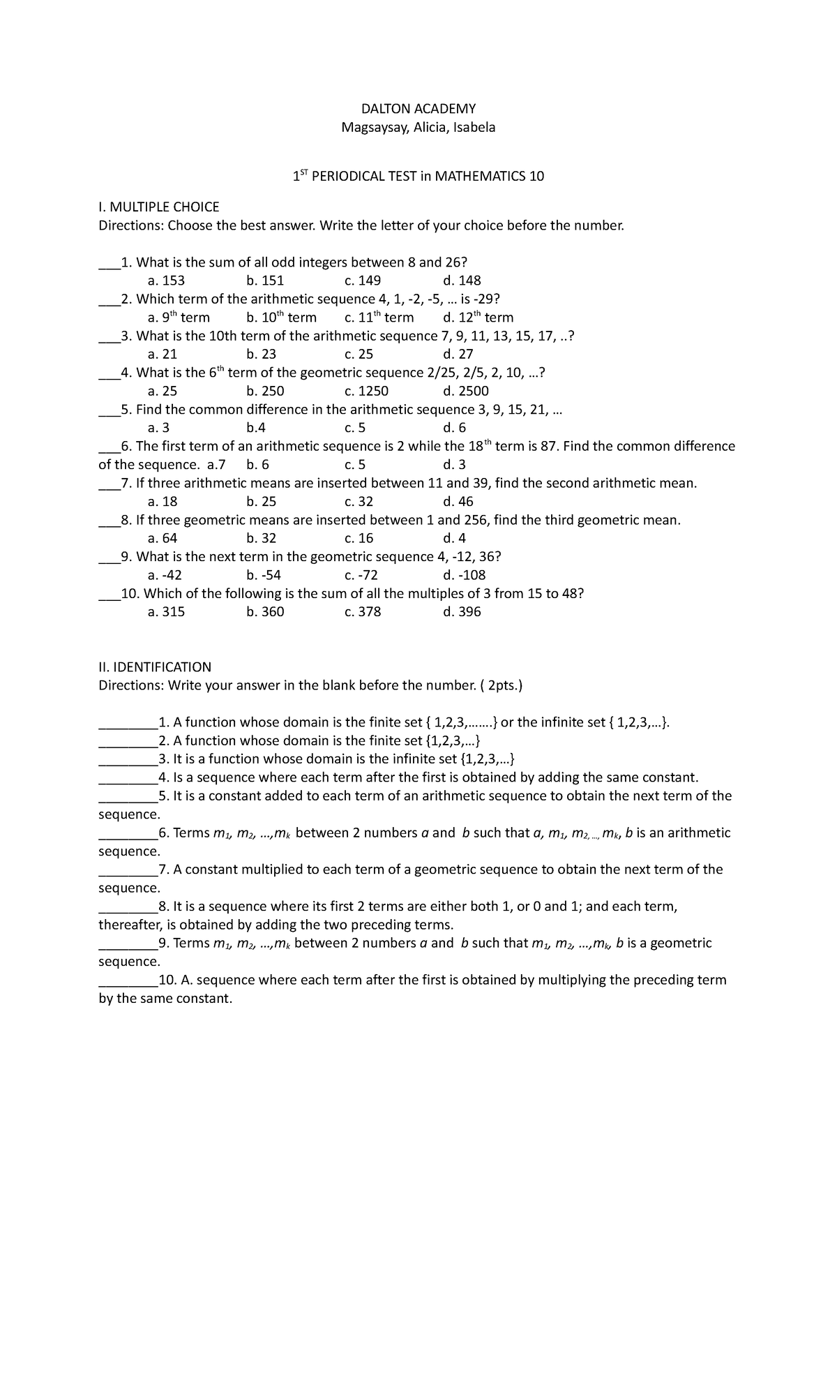 1ST Periodical TEST in Mathematics 10 - DALTON ACADEMY Magsaysay ...