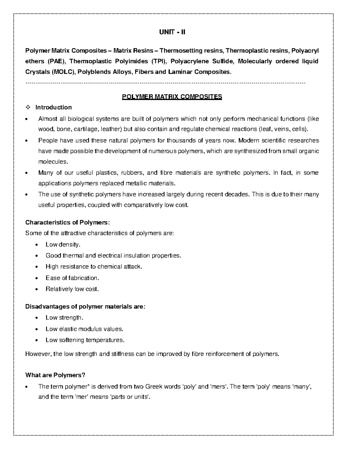 POLYMER MATRIX COMPOSITES SUMMARY OF COMPOSITE MATERIALS - UNIT - II ...