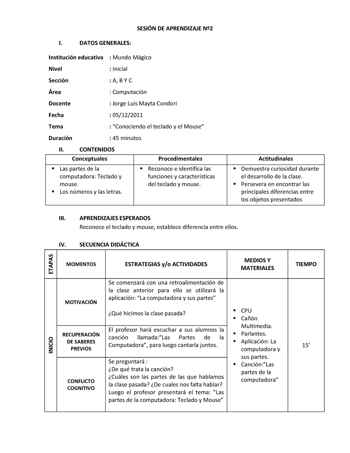 114690039 Sesion DE Aprendizaje Nº2 - SESI”N DE APRENDIZAJE N∫ I. DATOS ...