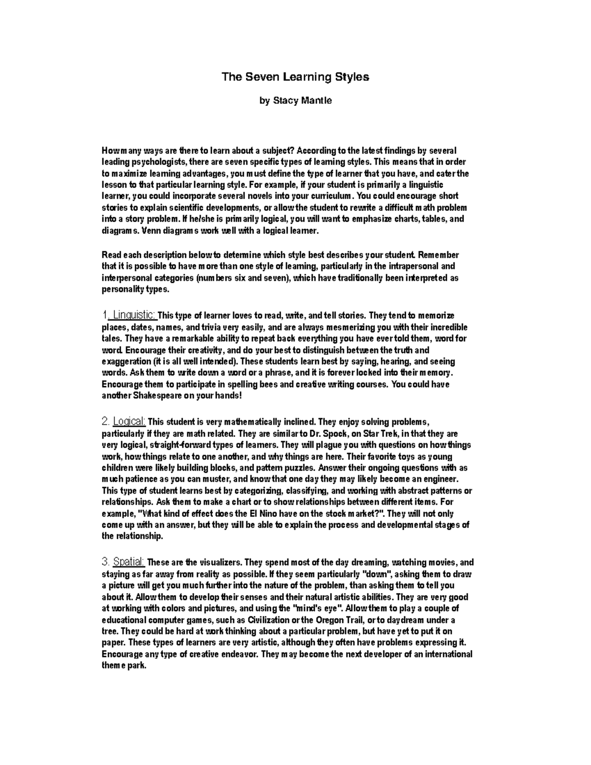 The seven learning styles - The Seven Learning Styles by Stacy Mantle ...