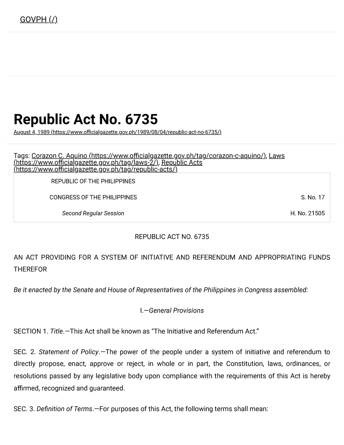 Republic Act No. 6735 Official Gazette Of The Republic Of The ...