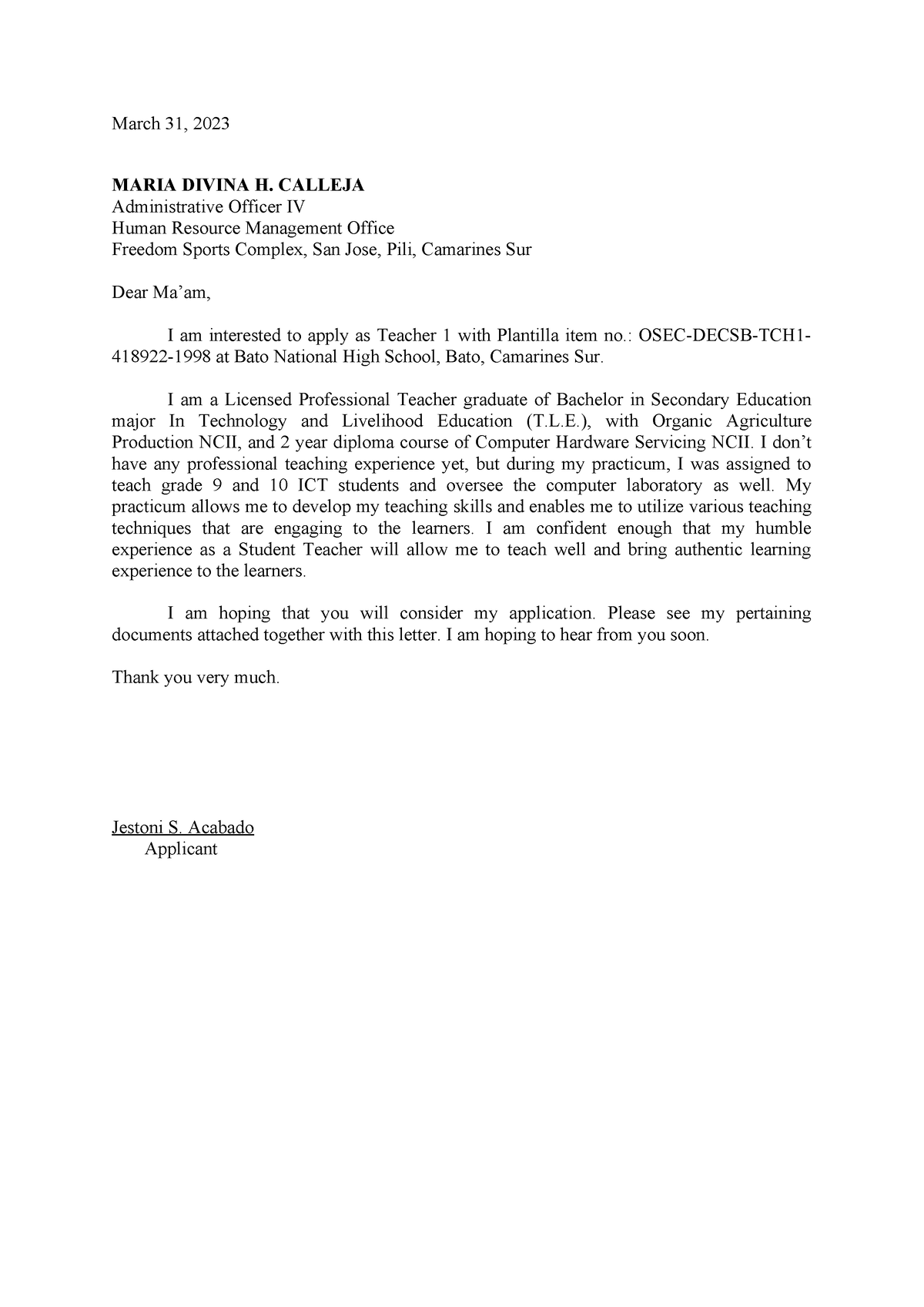 Application letter - March 31, 2023 MARIA DIVINA H. CALLEJA ...