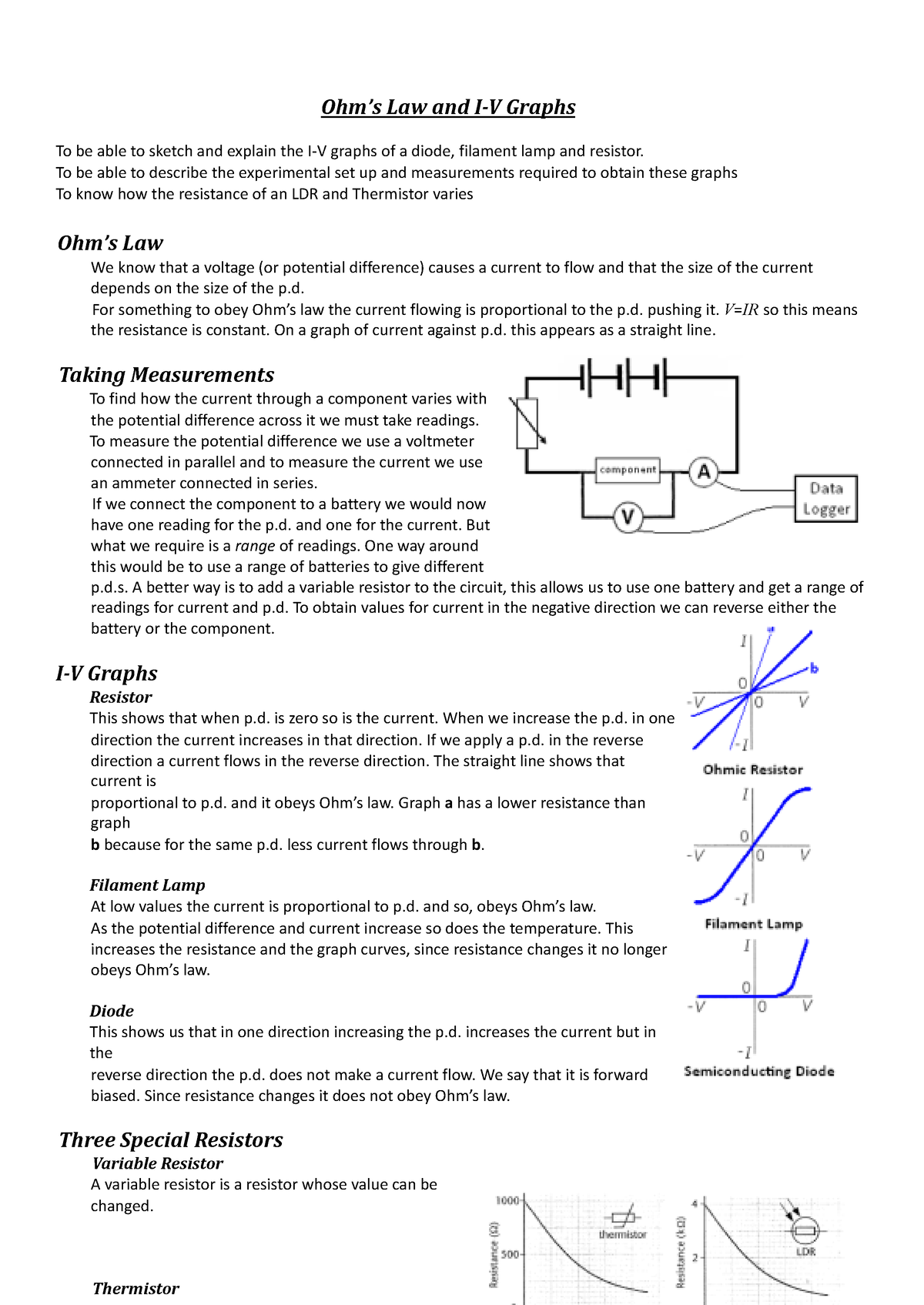 Ohms Law And IV Graphs - Ohm’s Law And I-V Graphs To Be Able To Sketch ...