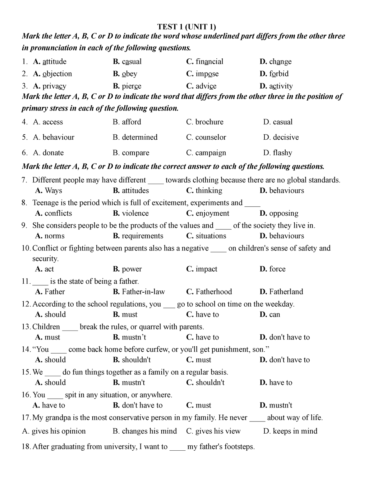 TEST 1,2 Unit1,2 - Xbcvfbcfbcgnnc - TEST 1 (UNIT 1) Mark The Letter A ...