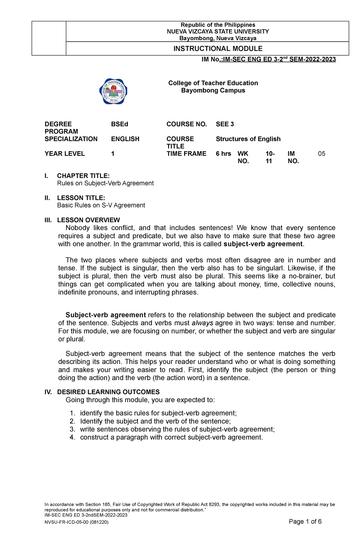 Module 5 S V Agreement - Nueva Vizcaya State University Bayombong 