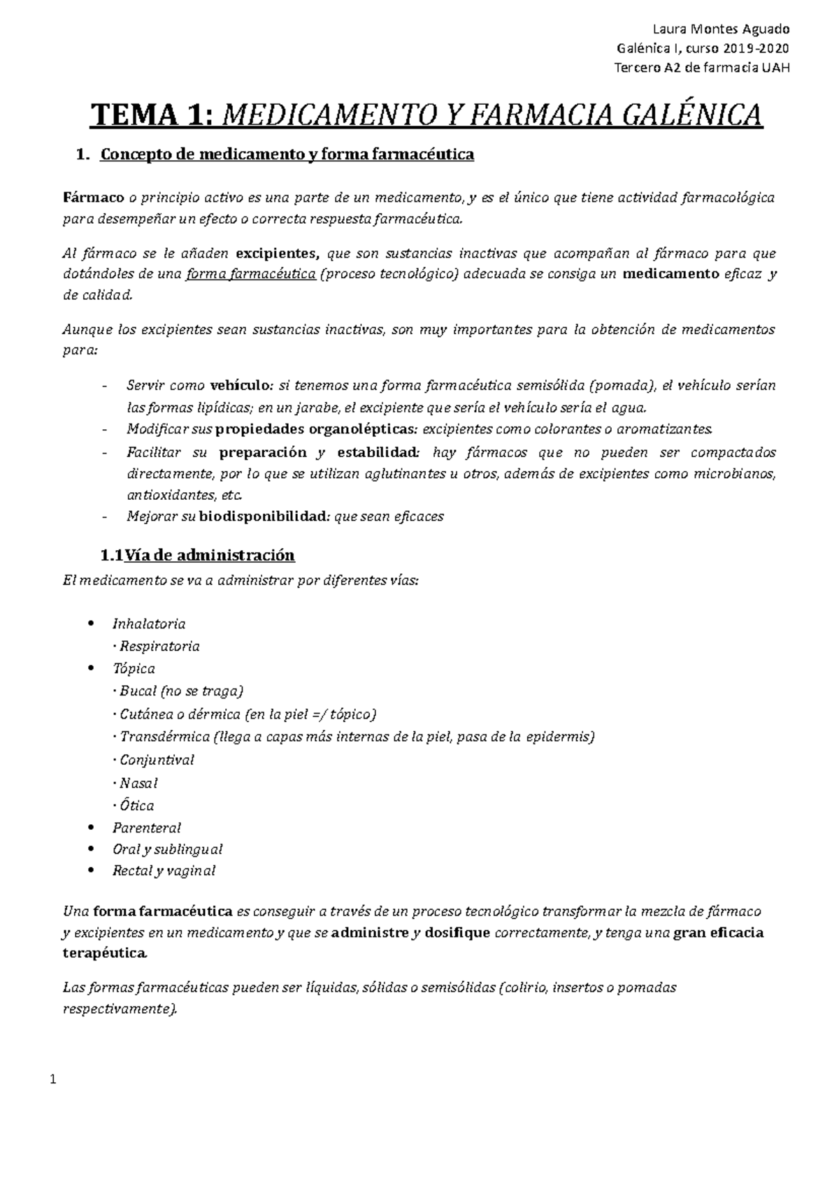 1(GAL)- Medicamentos completo - Galénica I, curso 2019- Tercero A2 de  farmacia UAH TEMA 1: - StuDocu