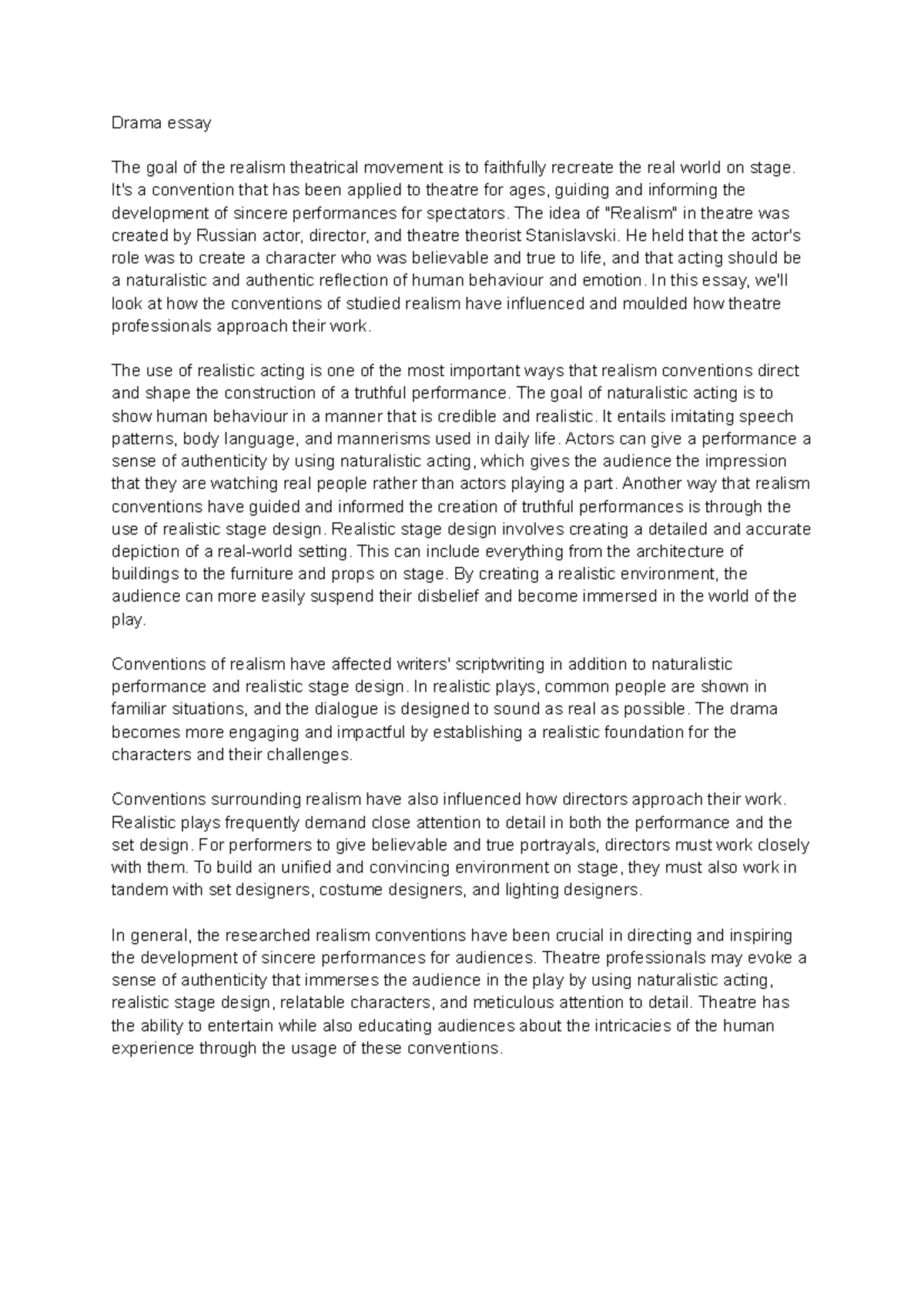 Drama essay - Google Docs - Drama essay The goal of the realism ...