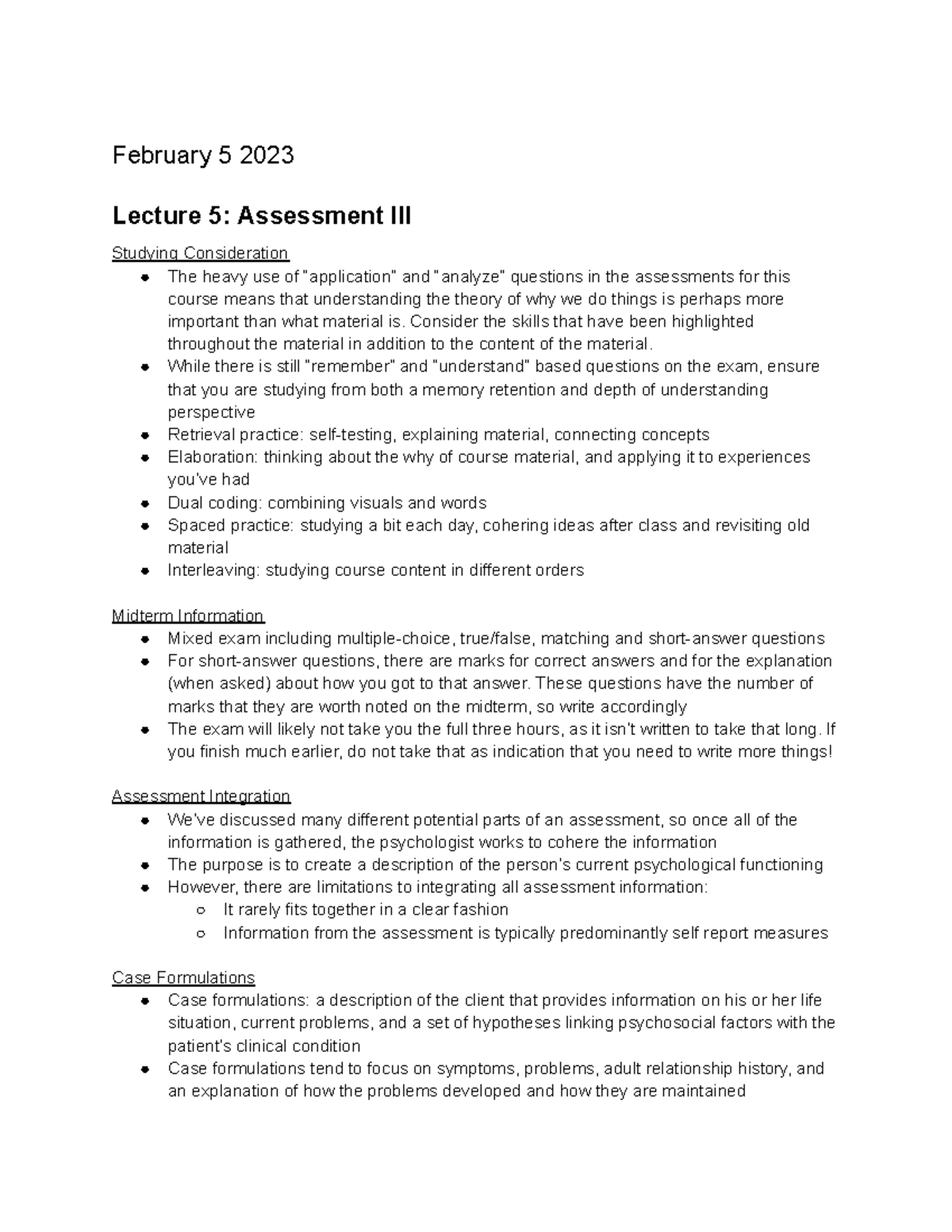 3301 Lecture 5 - February 5 2023 Lecture 5: Assessment III Studying ...