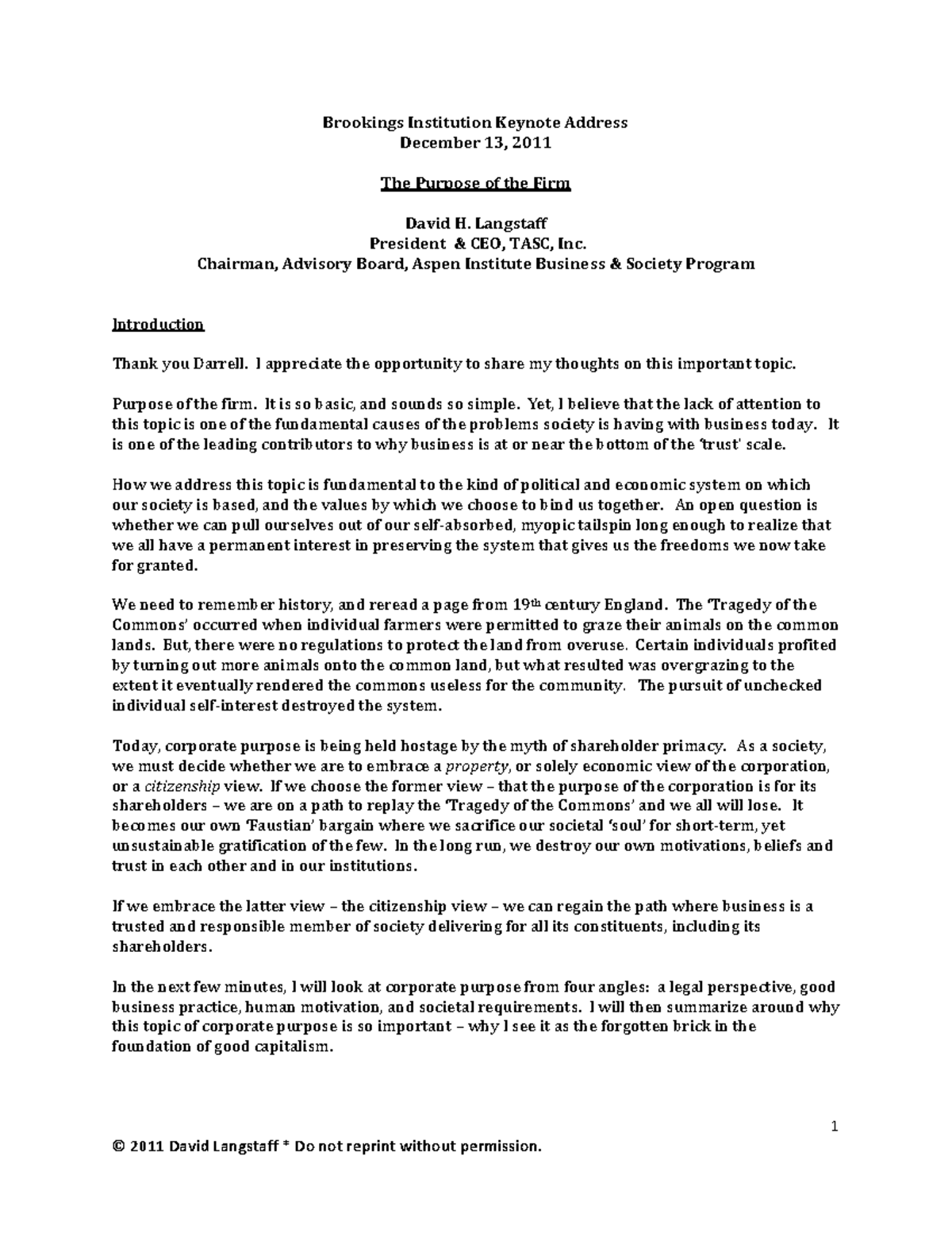 David Langstaff The purpose of the firm 1 Brookings Institution