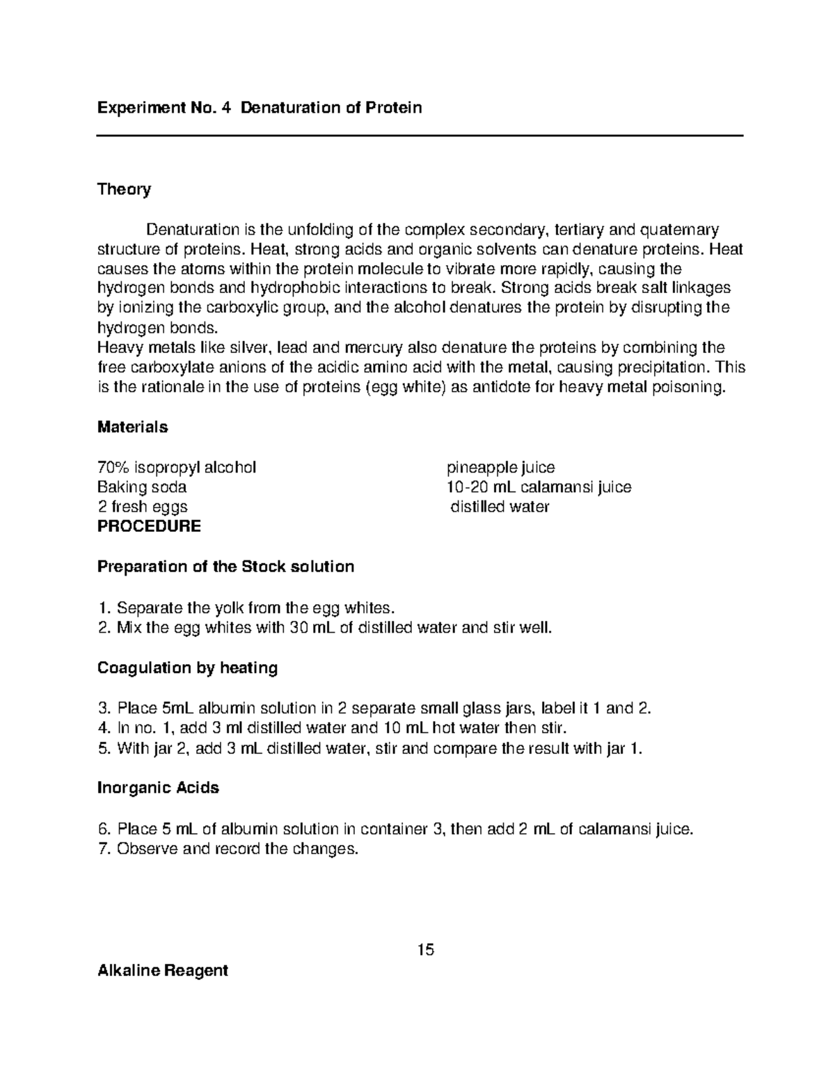 Denaturation of Protein Experiment No. 4 Denaturation of Protein