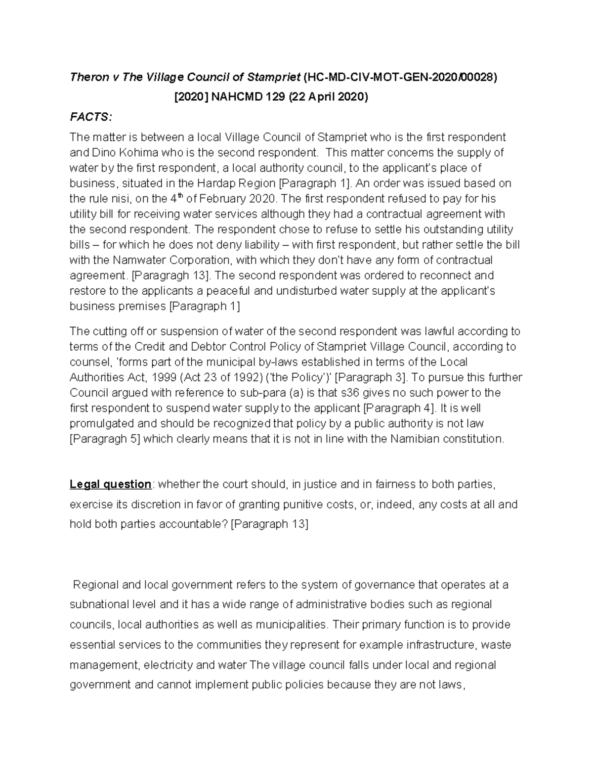 Theoron v The Village Council of Stampriet - This matter concerns the ...