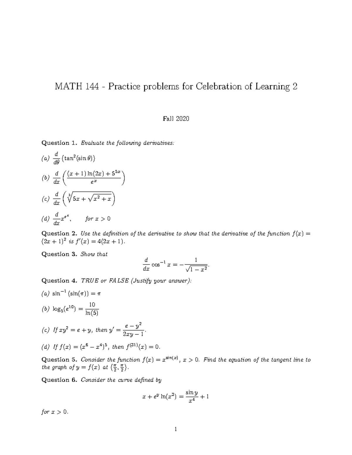 Practice Problems Quiz 2 Math 144 Practice Problems For Celebration Of Learning 2 Fall 2020 0866