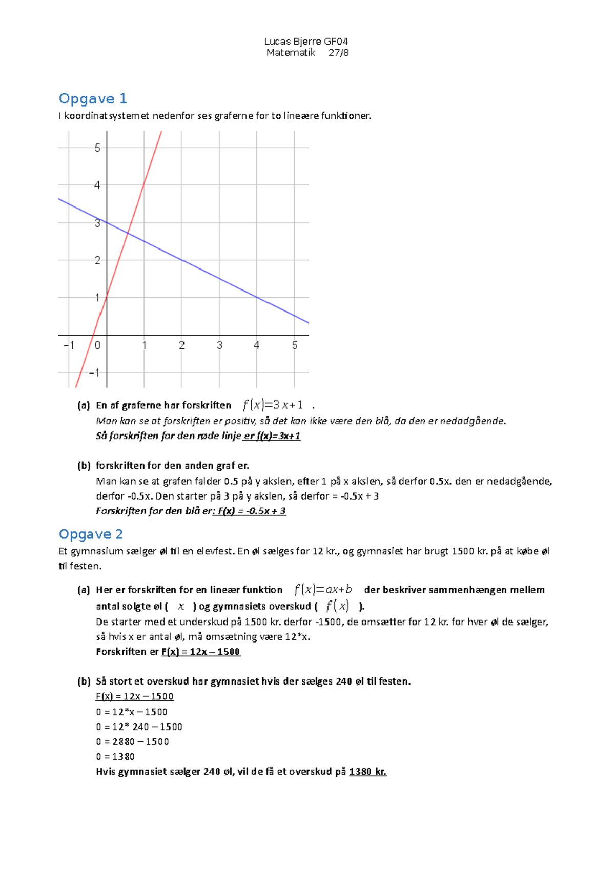 Aflevering Om Lineære Funktioner 1.g - Matematik 27/ Opgave 1 I ...