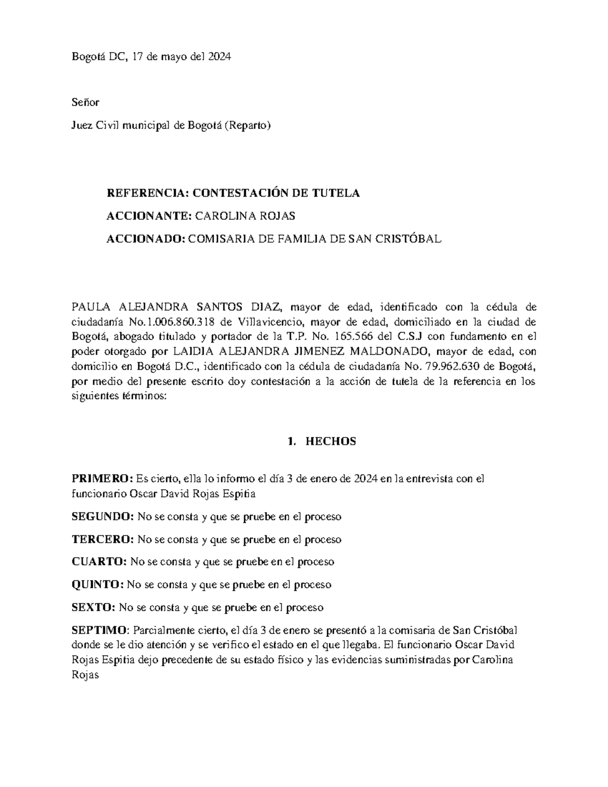 Contestacion DE Tutela - Bogotá DC, 17 de mayo del 2024 Señor Juez ...