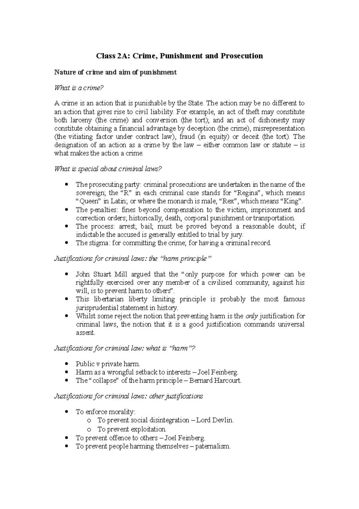Class 2A - Lecture notes 2 - Class 2A: Crime, Punishment and ...