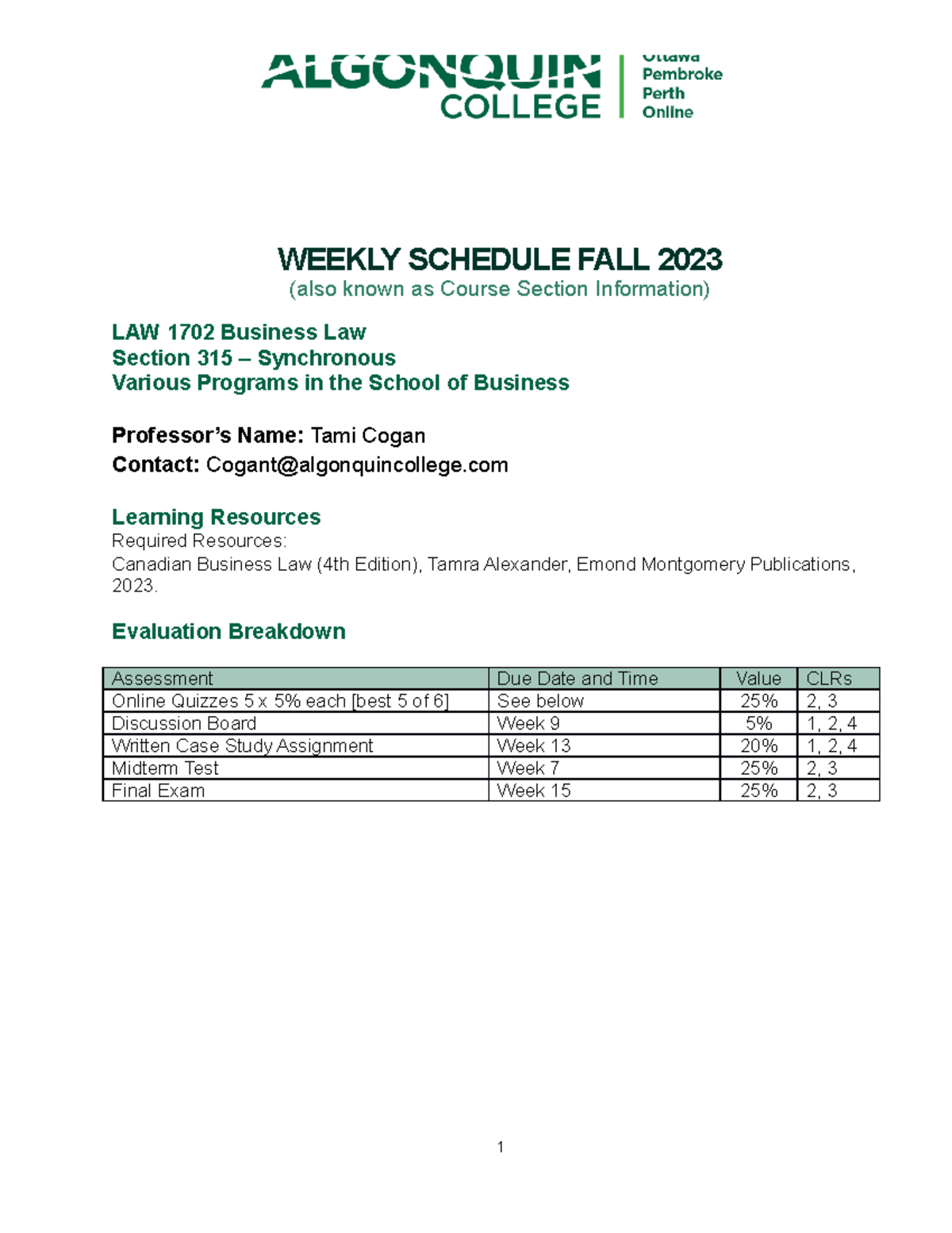 Weekly-Schedule-Law1702 316 - WEEKLY SCHEDULE FALL 2023 (also known as ...