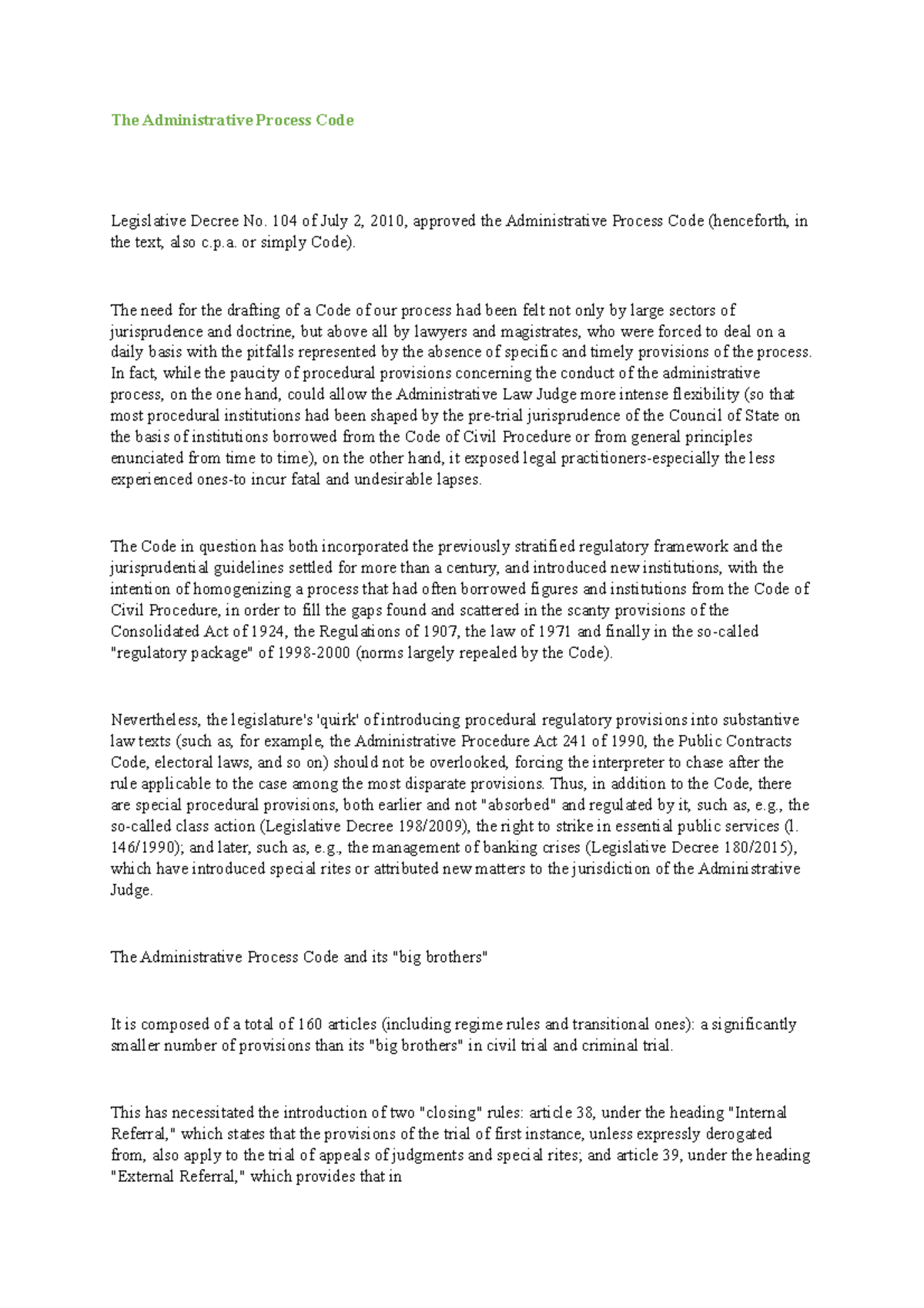 The Administrative Process Code 2 The Administrative Process Code Legislative Decree No. 104