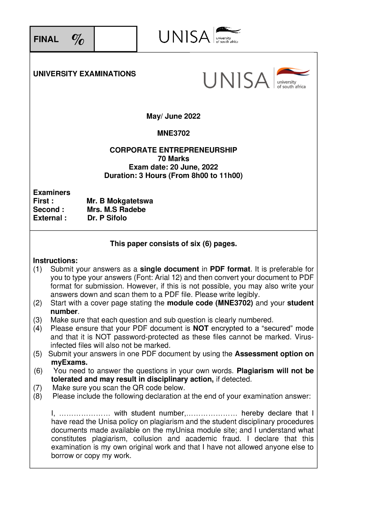 Exam paper - UNIVERSITY EXAMINATIONS May/ June 2022 MNE CORPORATE ...