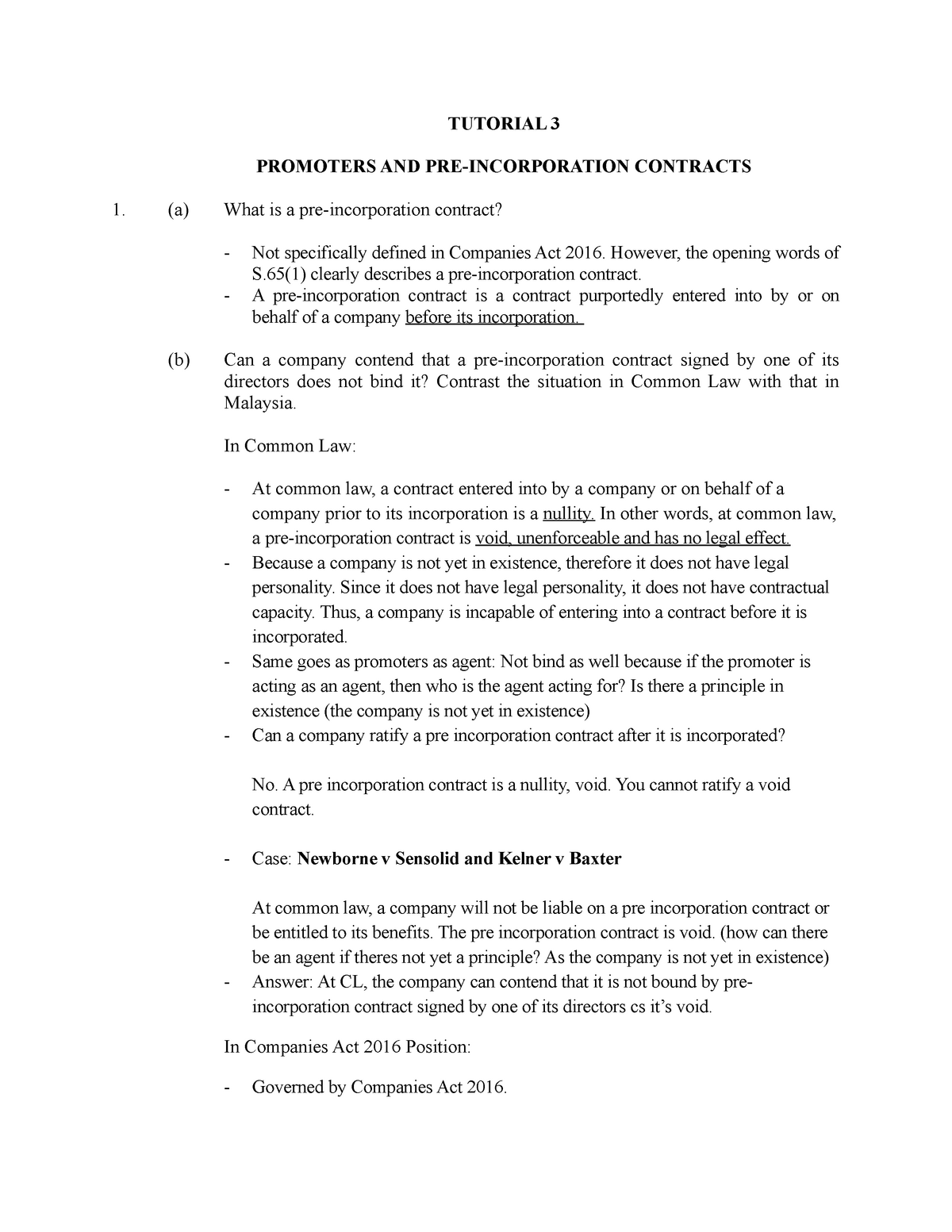 Tutorial 3 - TUTORIAL 3 PROMOTERS AND PRE-INCORPORATION CONTRACTS (a ...