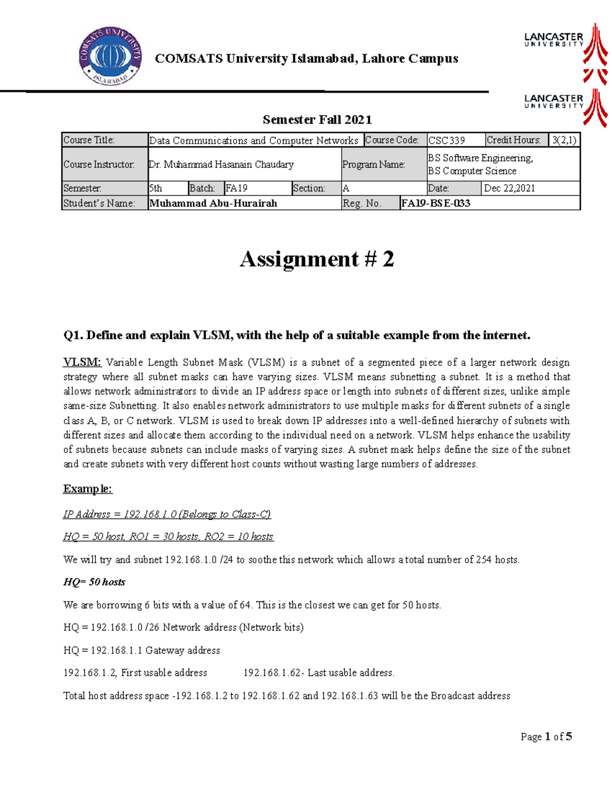 assignment for data communication and networking