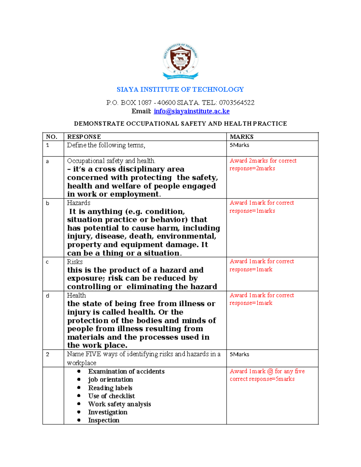 OSH QUESTION AND ANSWERS - SIAYA INSTITUTE OF TECHNOLOGY P. BOX 1087 ...