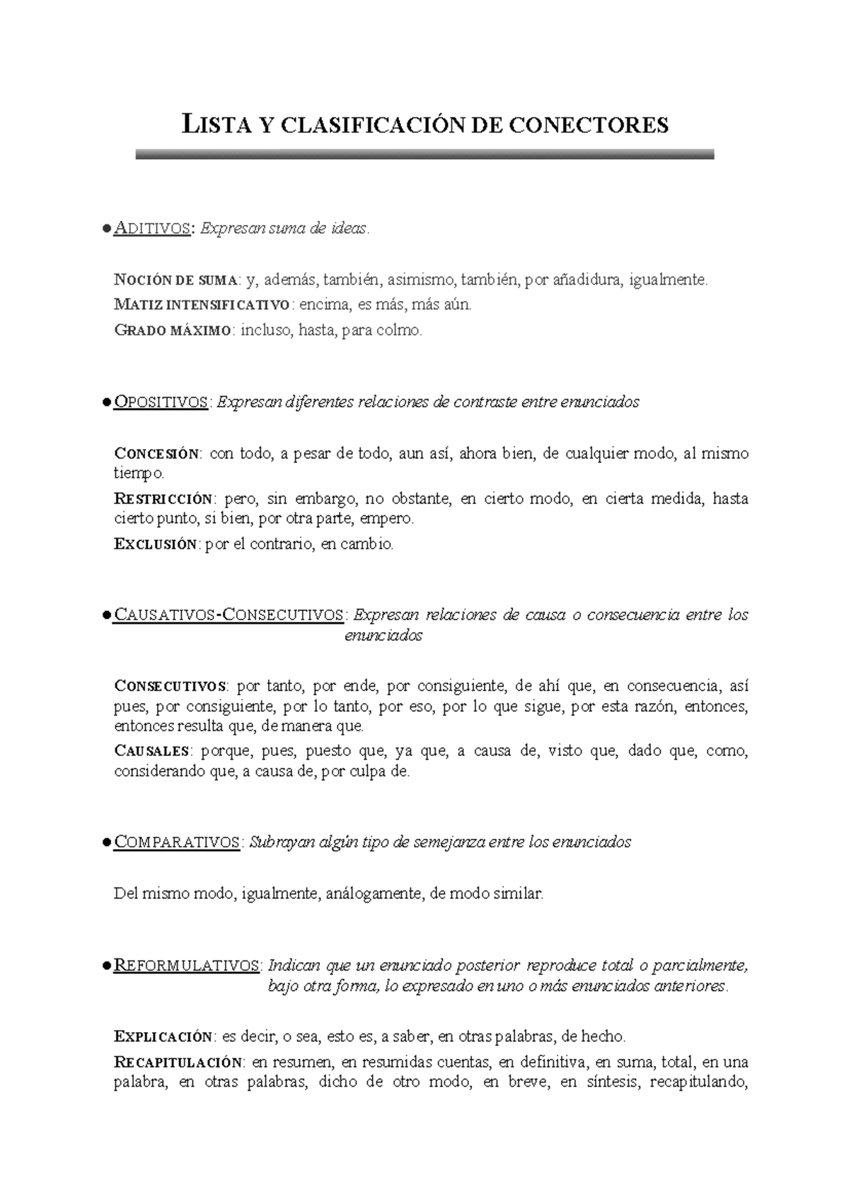 Lista de palabras conectoras - LISTA Y CLASIFICACIÓN DE CONECTORES ...