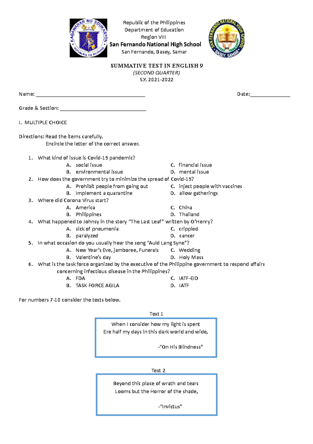 English summative - Republic of the Philippines Department of Education ...