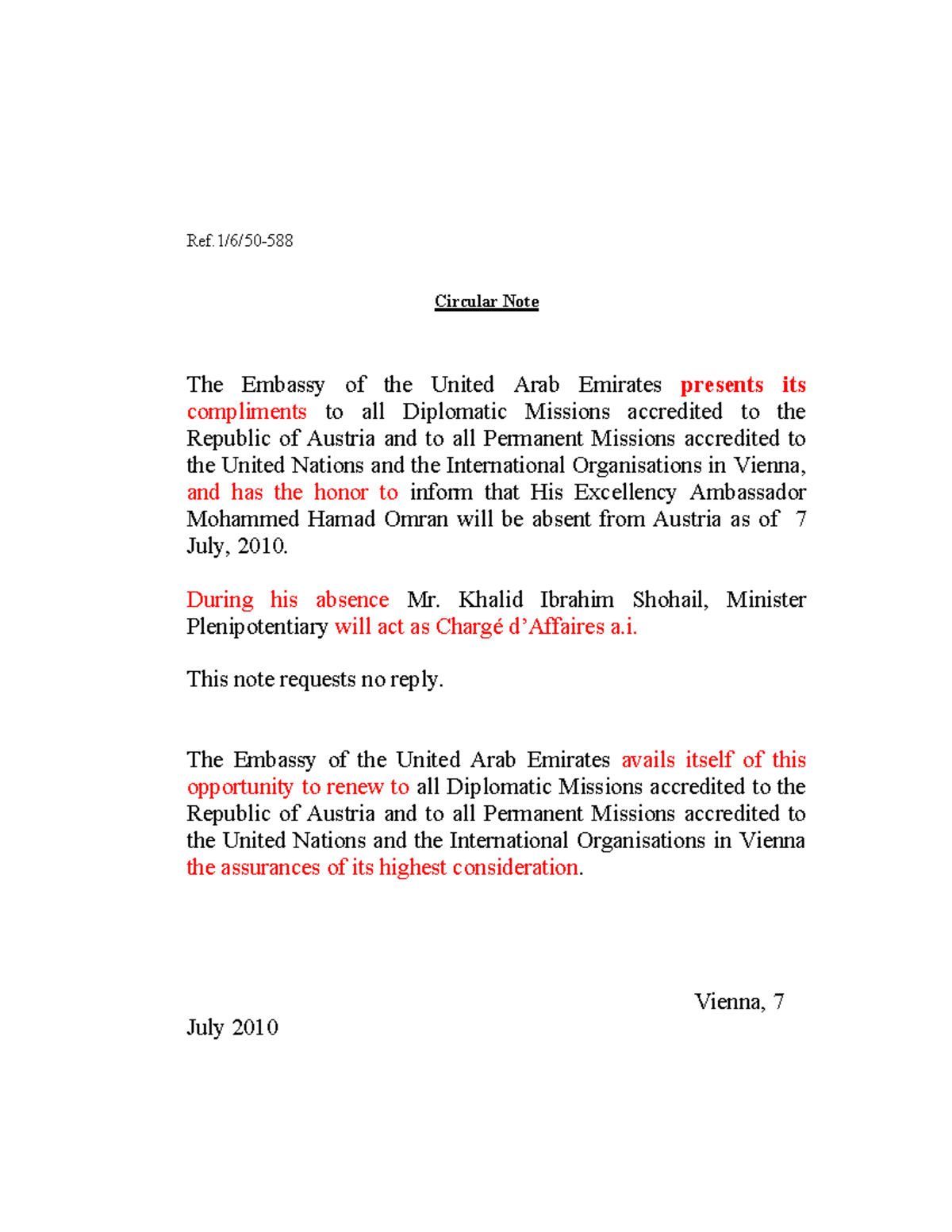 Circular - TB đại sứ đi vắng - Ref/6/50- Circular Note The Embassy of ...