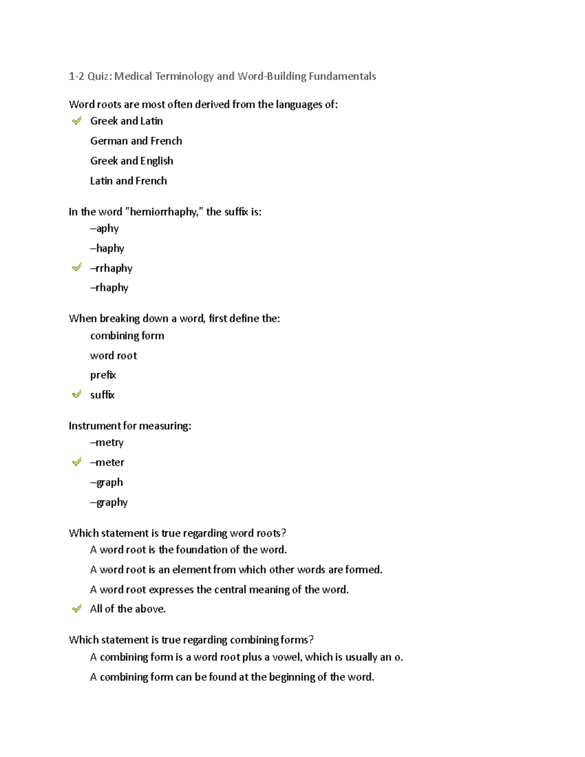 1 2 Quiz Medical Terminology And Word Building Fundamentals A Word 