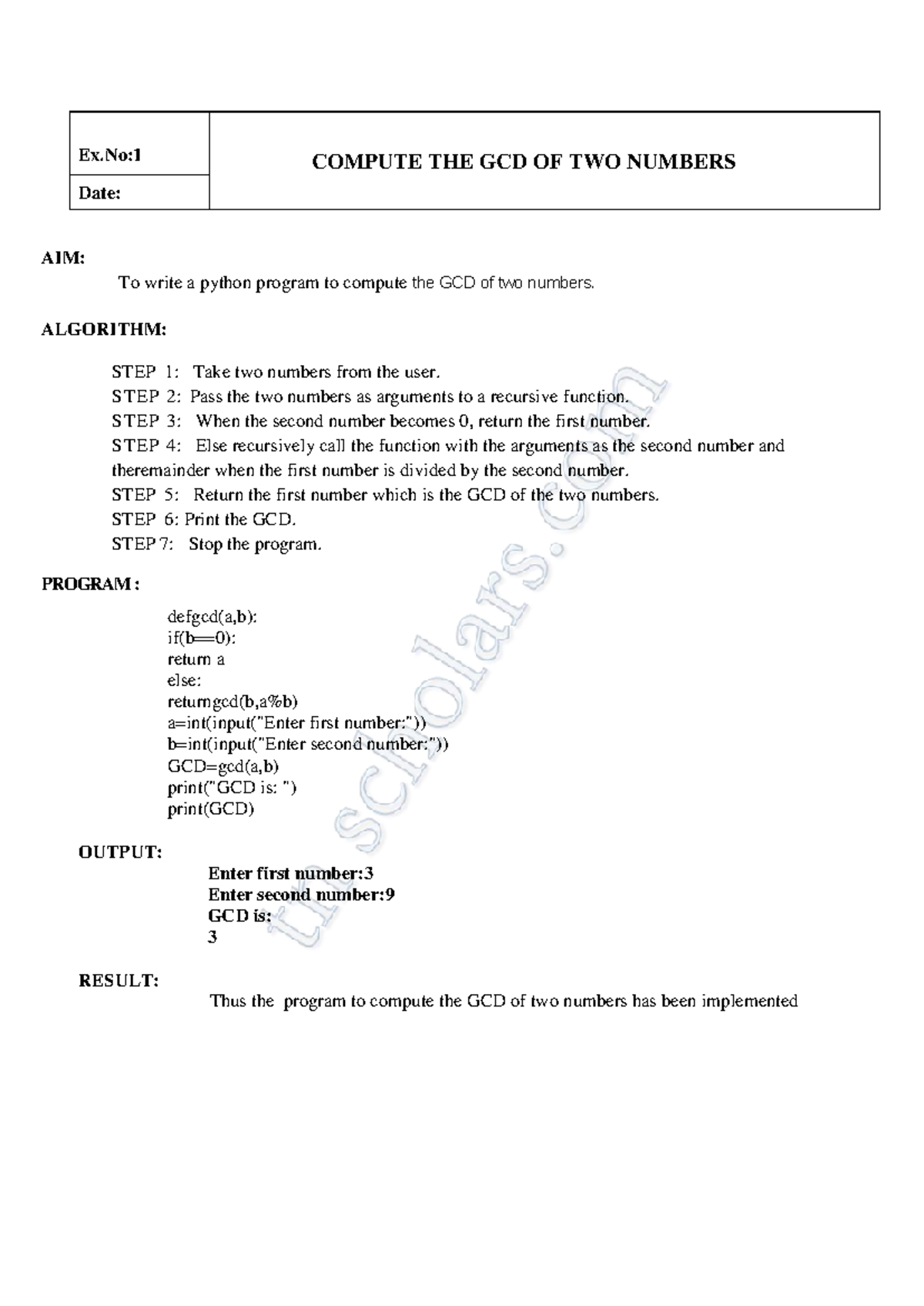 BE CSE GE8161 EX 1 GCD OF TWO Numbers - Ex:1 COMPUTE THE GCD OF TWO ...
