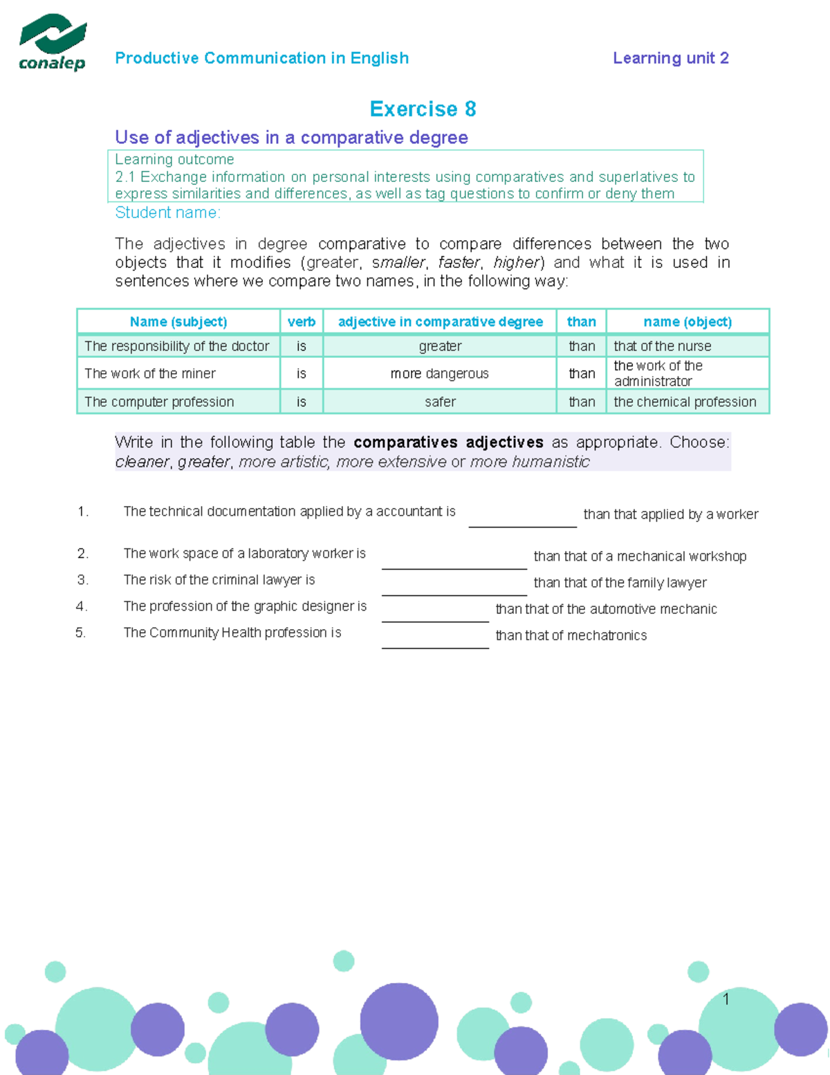 Exercise 8 - Repaso - Productive Communication in English Learning unit ...