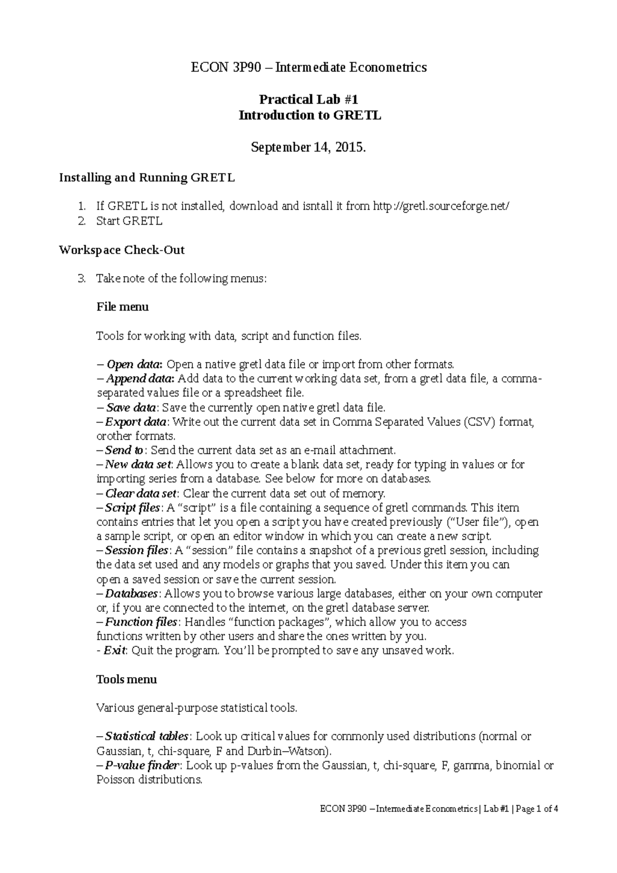 Lab+1+-+Intro+to+ Gretl - ECON 3P90 – Intermediate Econometrics ...