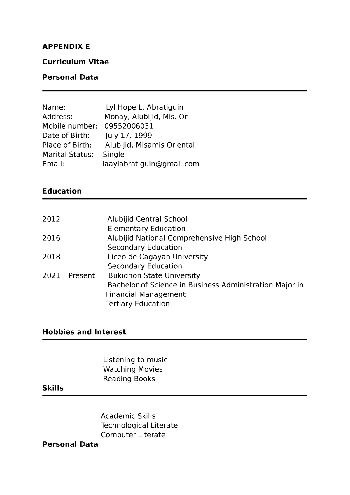 appendix and other functions - APPENDIX E Curriculum Vitae Personal ...