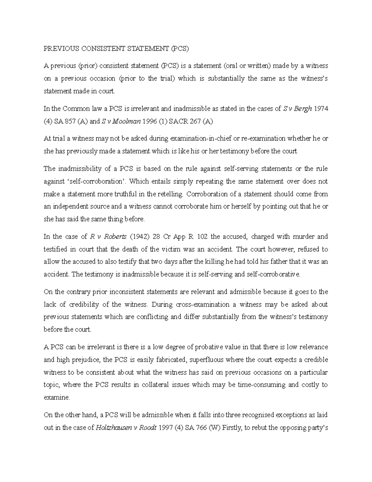 Prior Consistent Evidence for the law of Evidence - Wits University ...