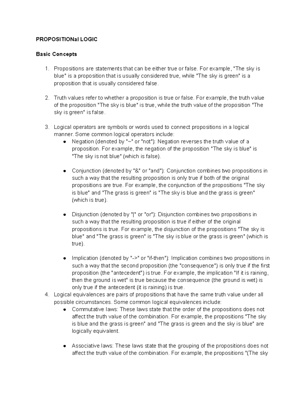 Logic For Comp Sci Notes 7 - PROPOSITIONal LOGIC Basic Concepts ...