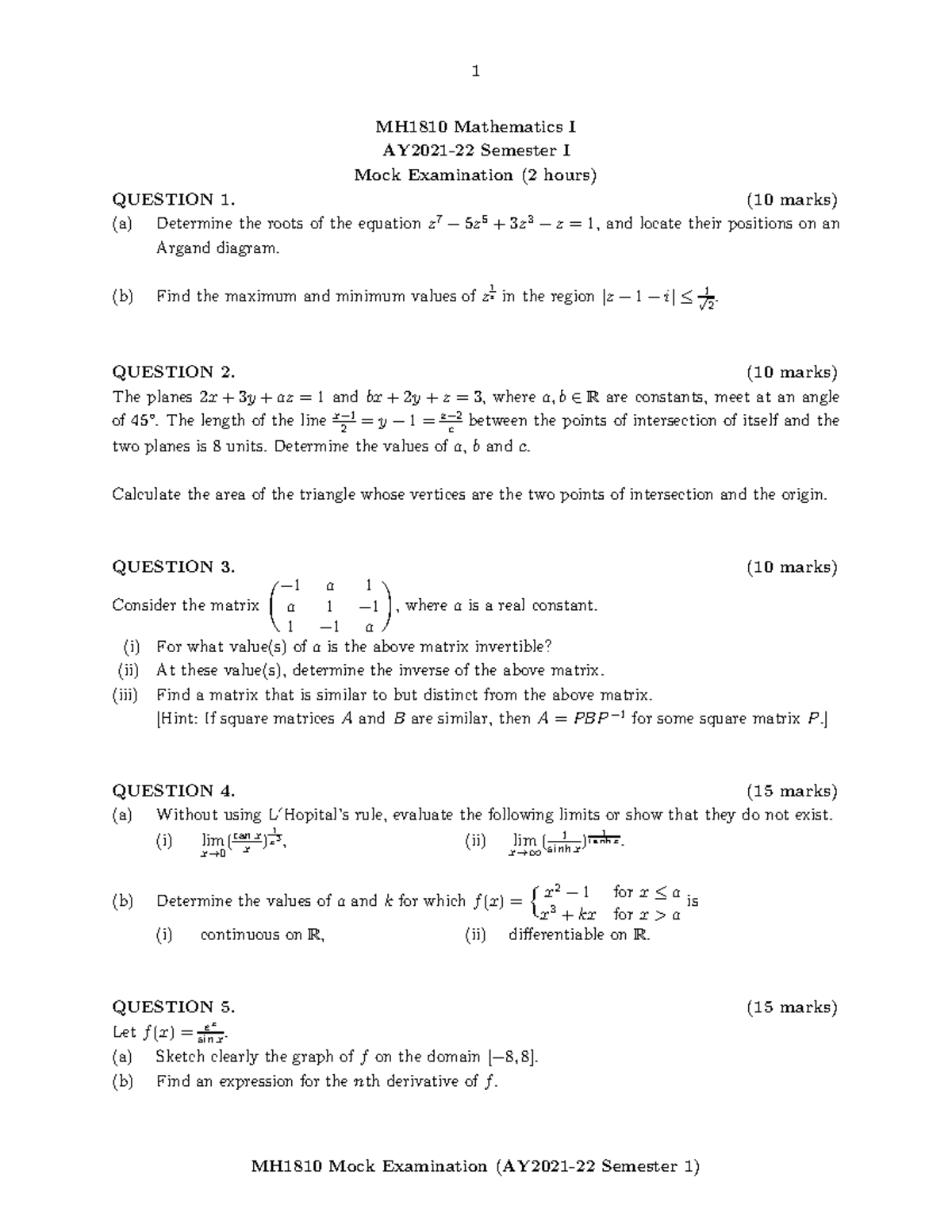 MH1810 Mock - Mock paper for Year 2023/2024 - 1 MH1810 Mock Examination ...