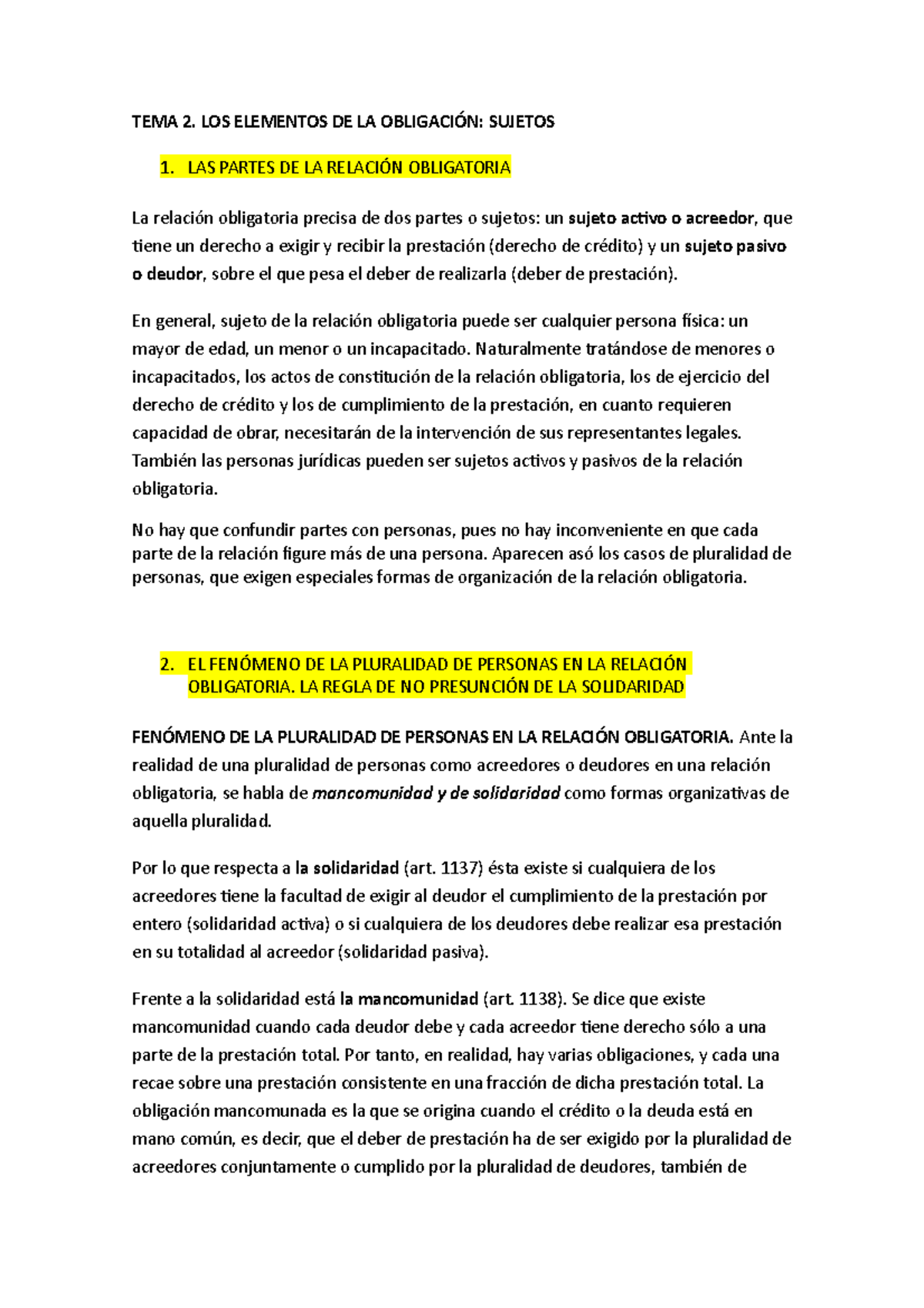 TEMA 2 - Apuntes 2 - TEMA 2. LOS ELEMENTOS DE LA OBLIGACIÓN: SUJETOS 1 ...