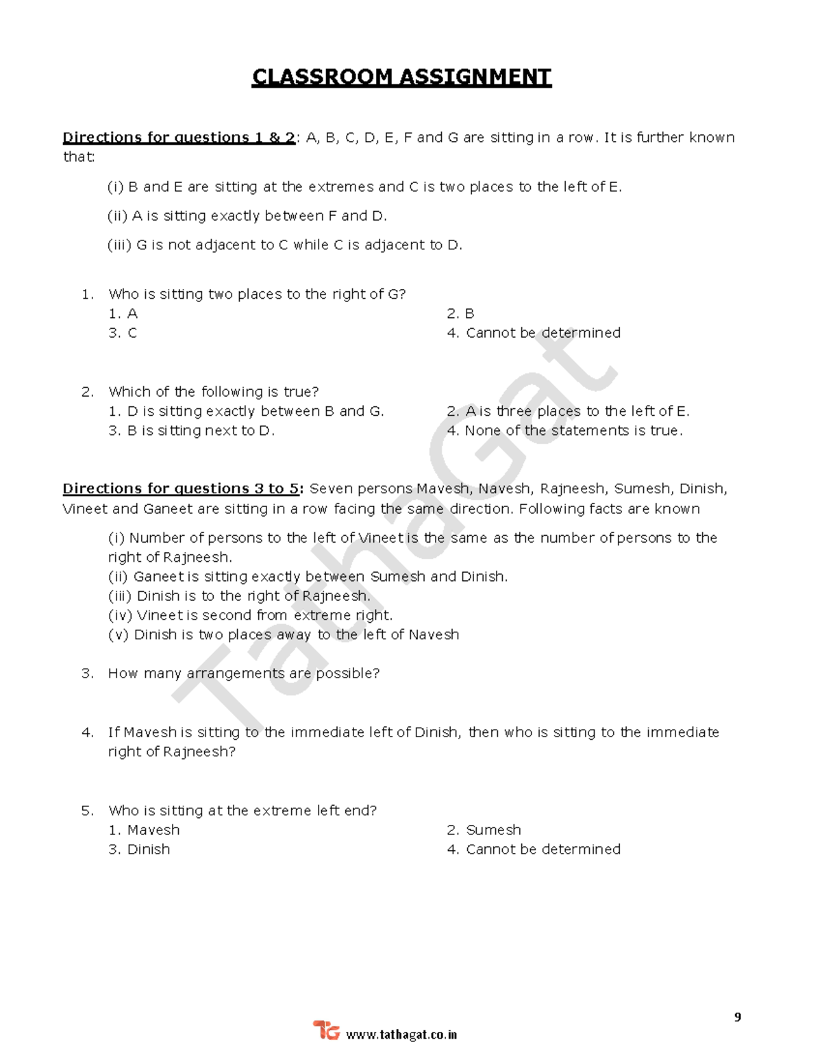 LR 1'24 - 9 CLASSROOM ASSIGNMENT Directions for questions 1 & 2: A, B ...