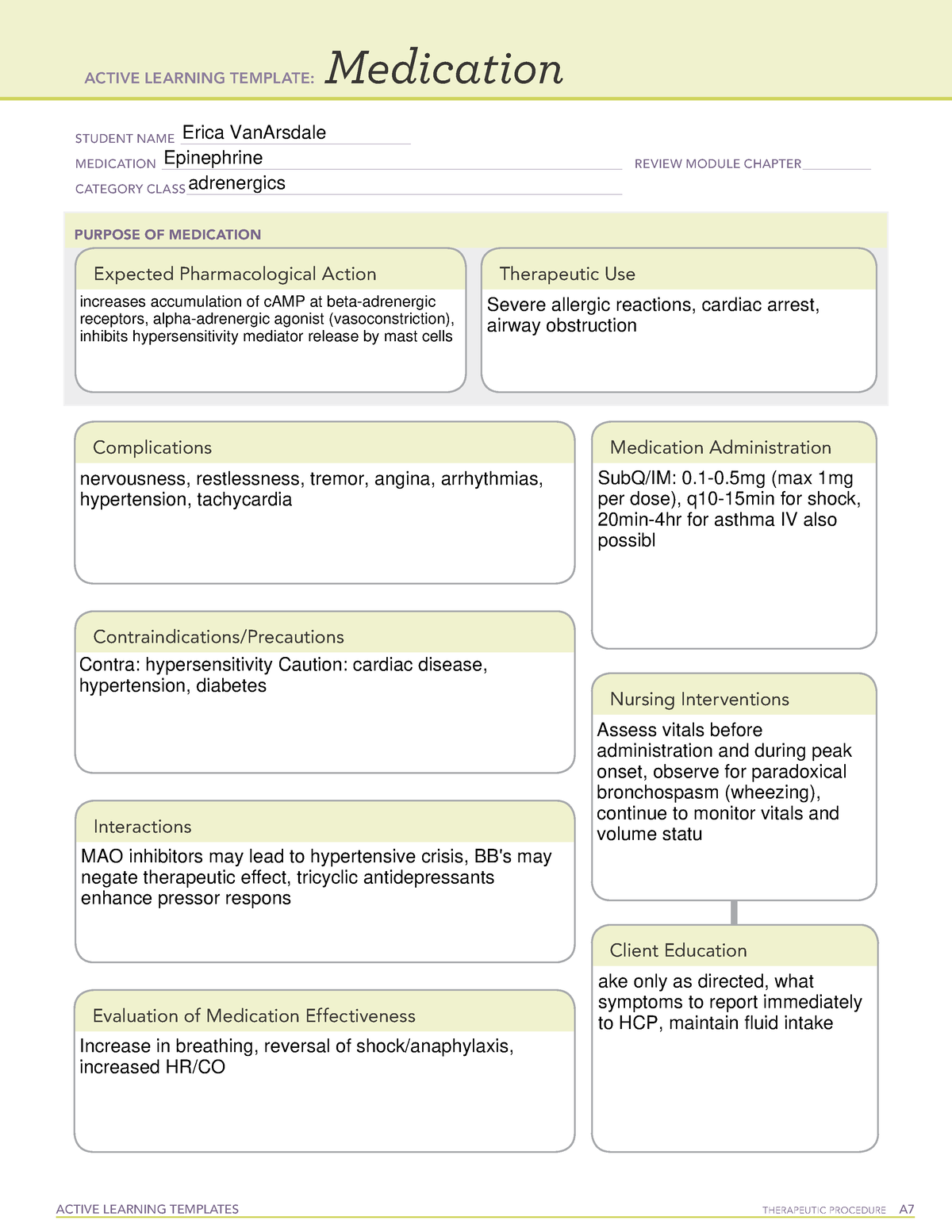 Epinephrine and meds ACTIVE LEARNING TEMPLATES THERAPEUTIC PROCEDURE