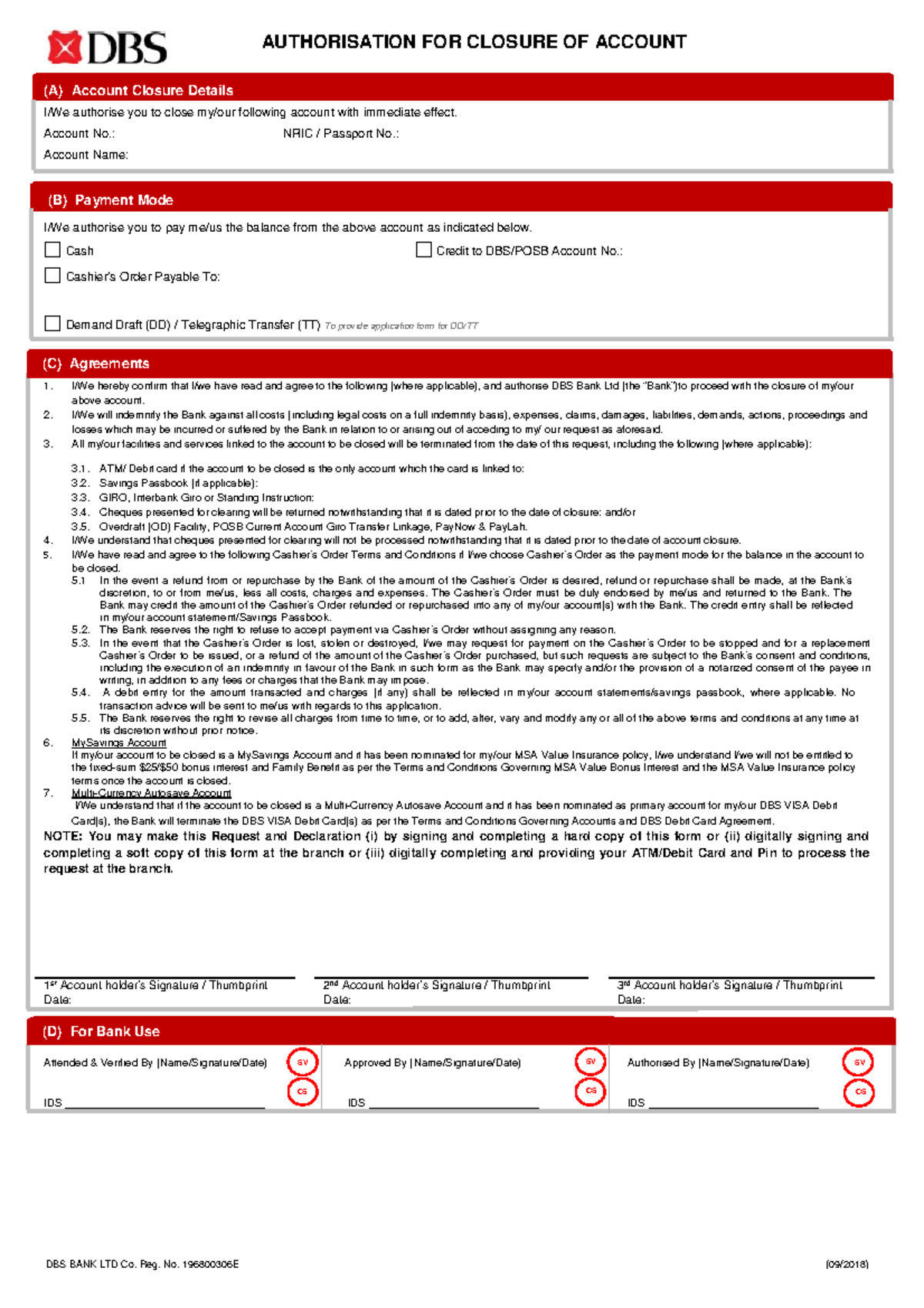 Authorisation For Closure of Account - DBS BANK LTD Co. Reg. No ...